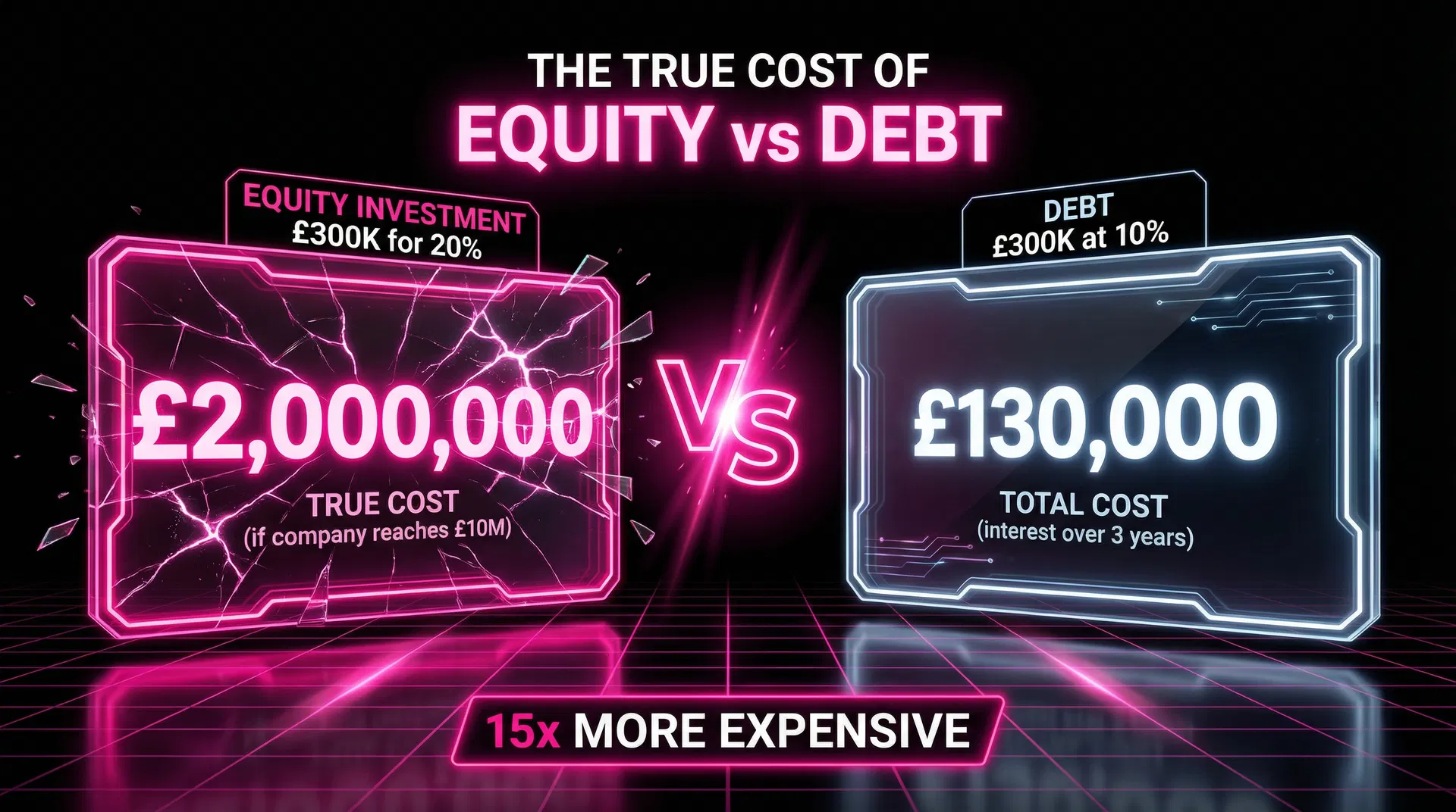 The True Cost of Equity vs Debt &mdash; &pound;100K angel investment at &pound;1M valuation costs &pound;2M at exit vs &pound;130K total for debt