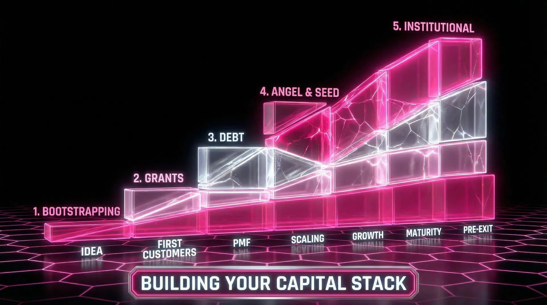 Building Your Capital Stack &mdash; stacked area chart showing how capital layers accumulate from Idea stage through Pre-exit