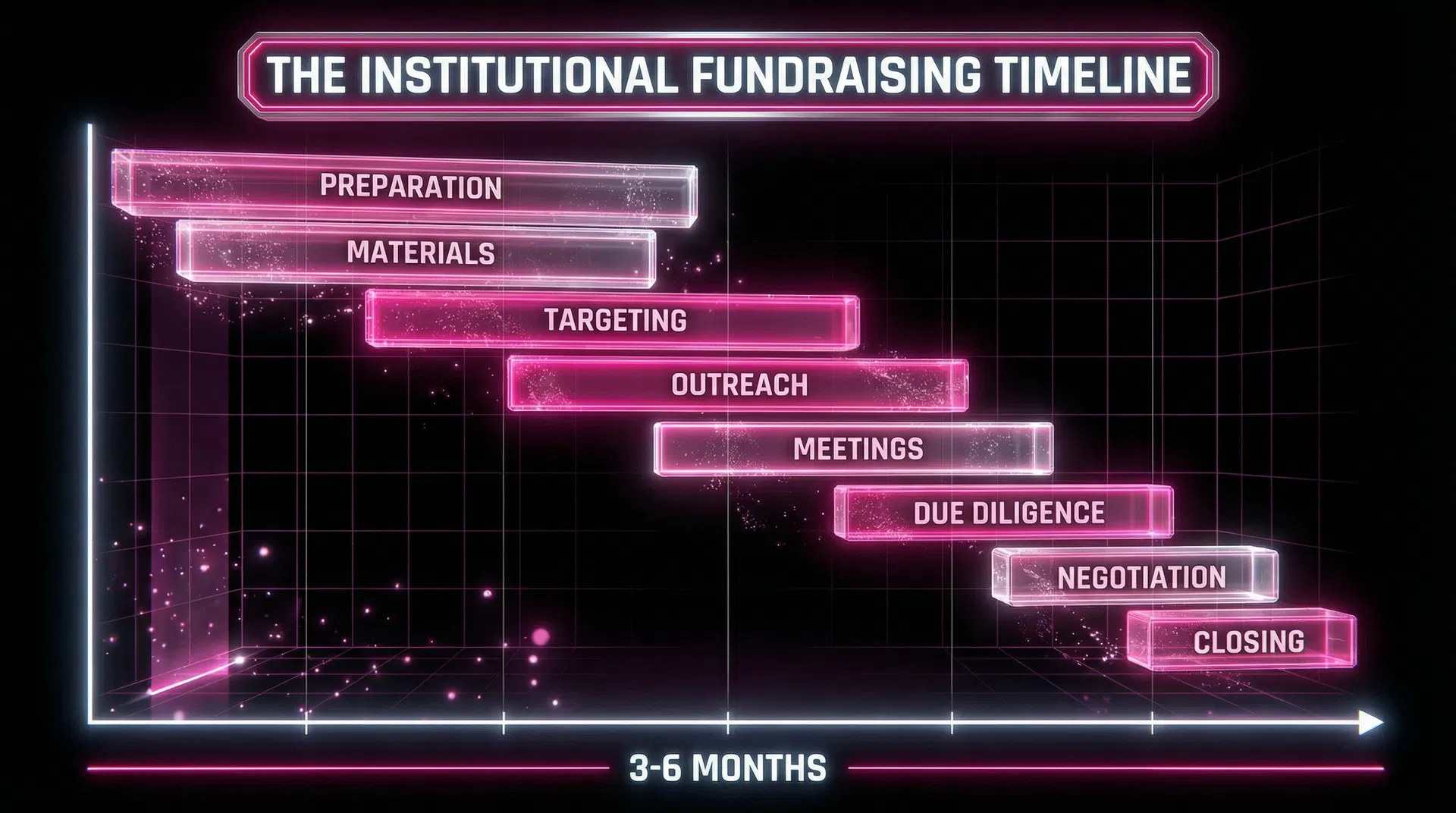 The Institutional Fundraising Timeline &mdash; Gantt chart showing 8 stages across 3-6 months from Preparation to Closing