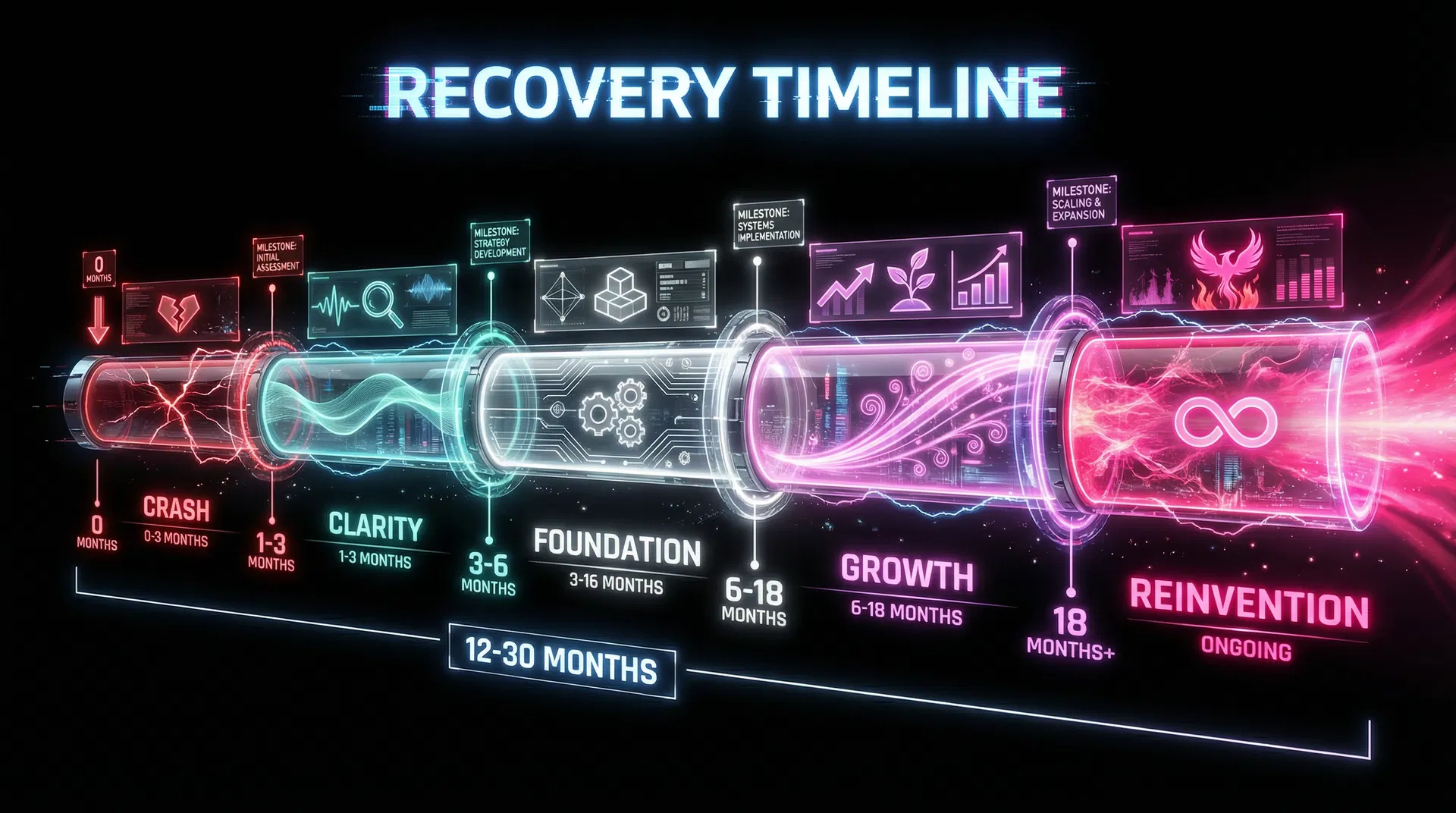 Phoenix Framework Recovery Timeline — 6 overlapping phases across 180+ days