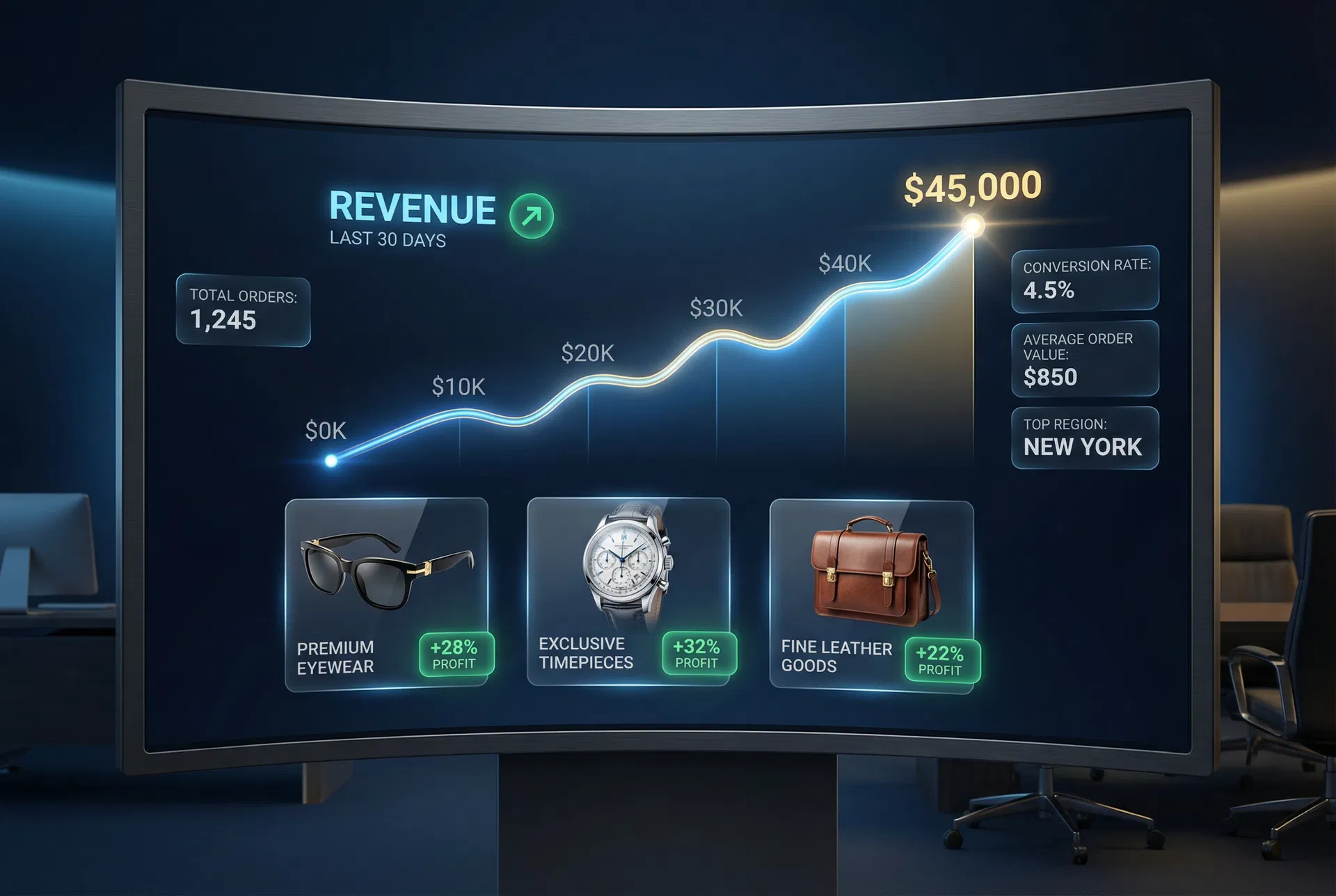 Revenue dashboard showing luxury ecommerce growth