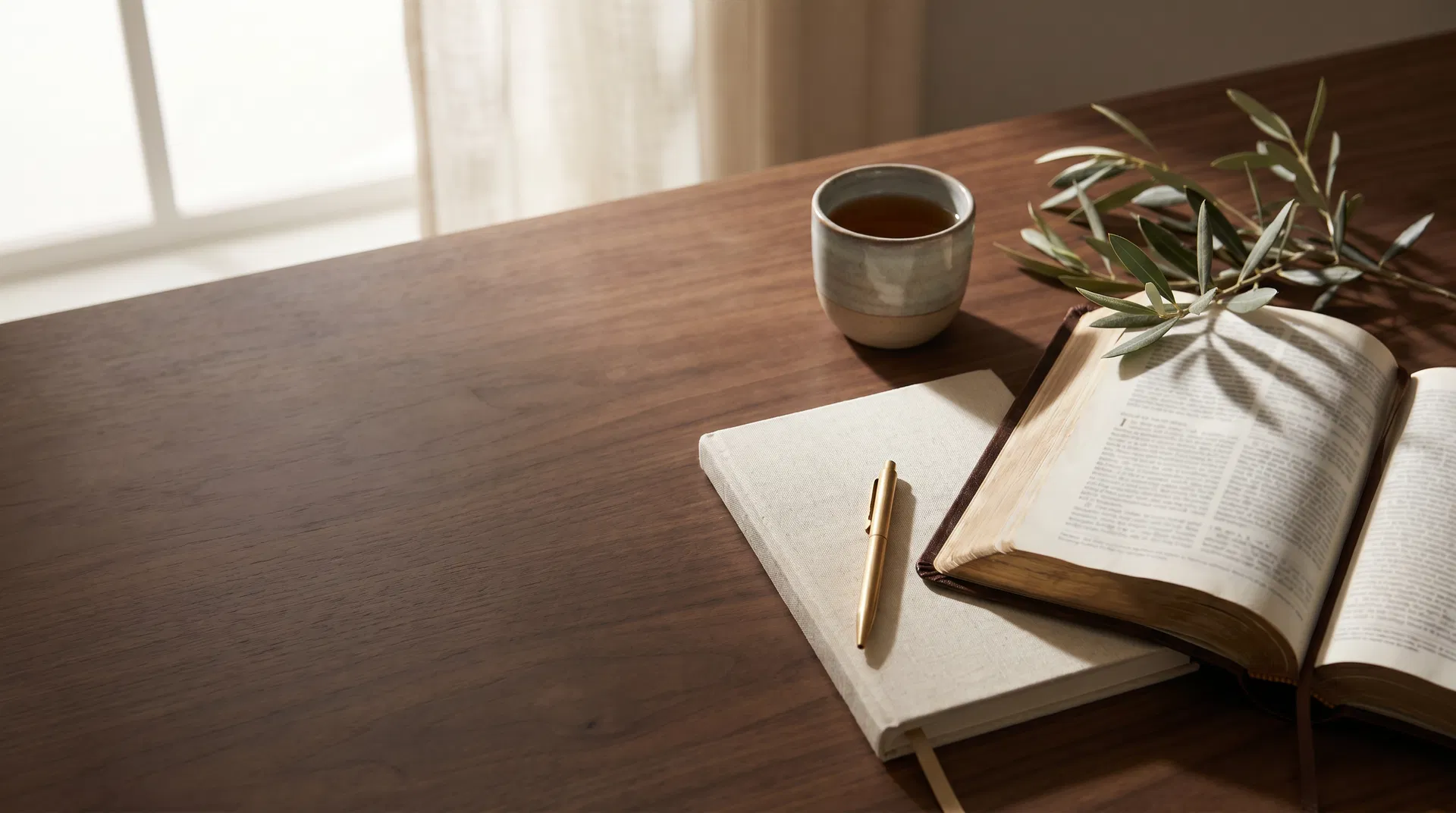 Open Bible and devotional journal on a warm wooden desk