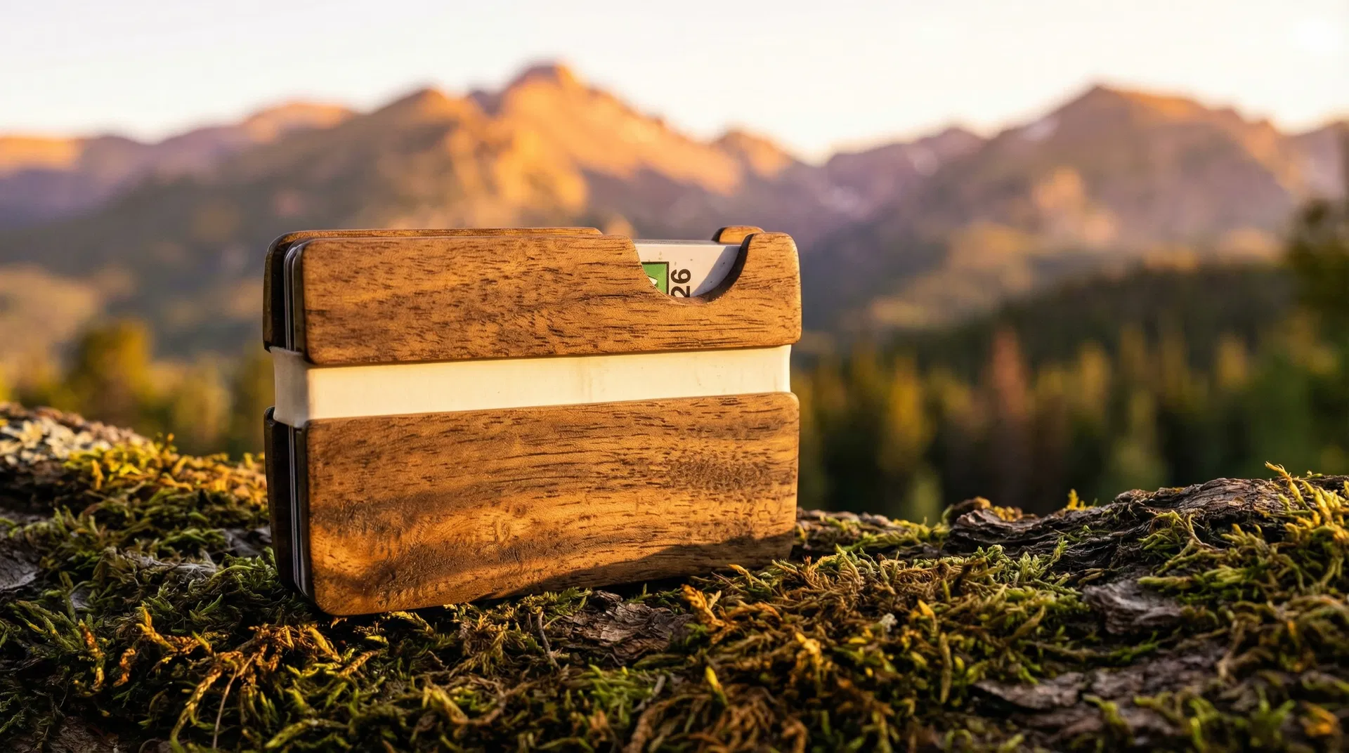 Tomi Wallet on rustic table with Colorado Rocky Mountains backdrop