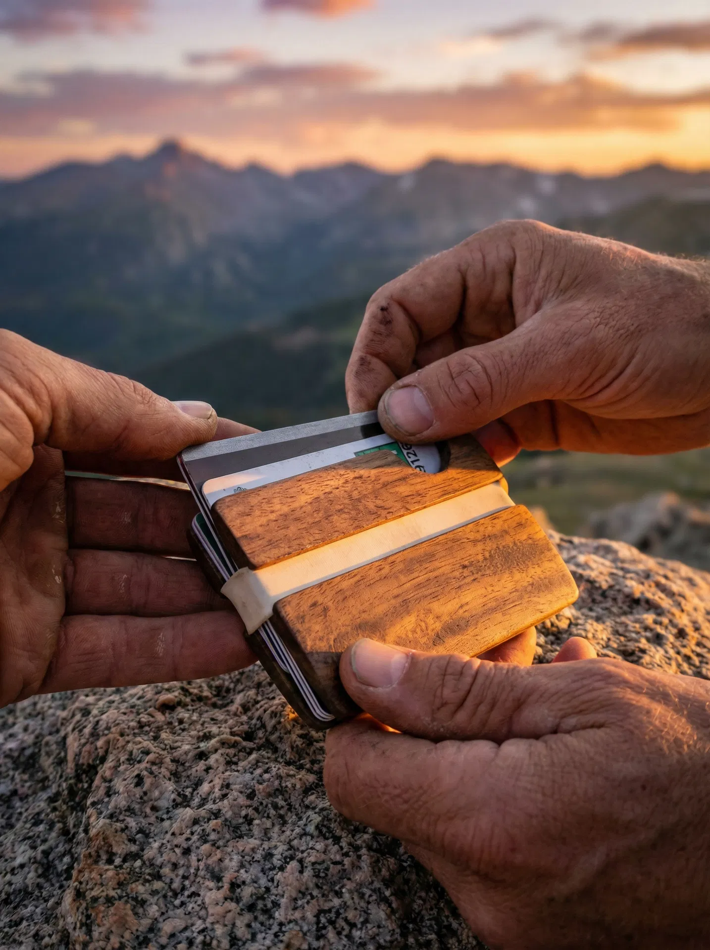 Hiker at Colorado mountain summit with Tomi Wallet