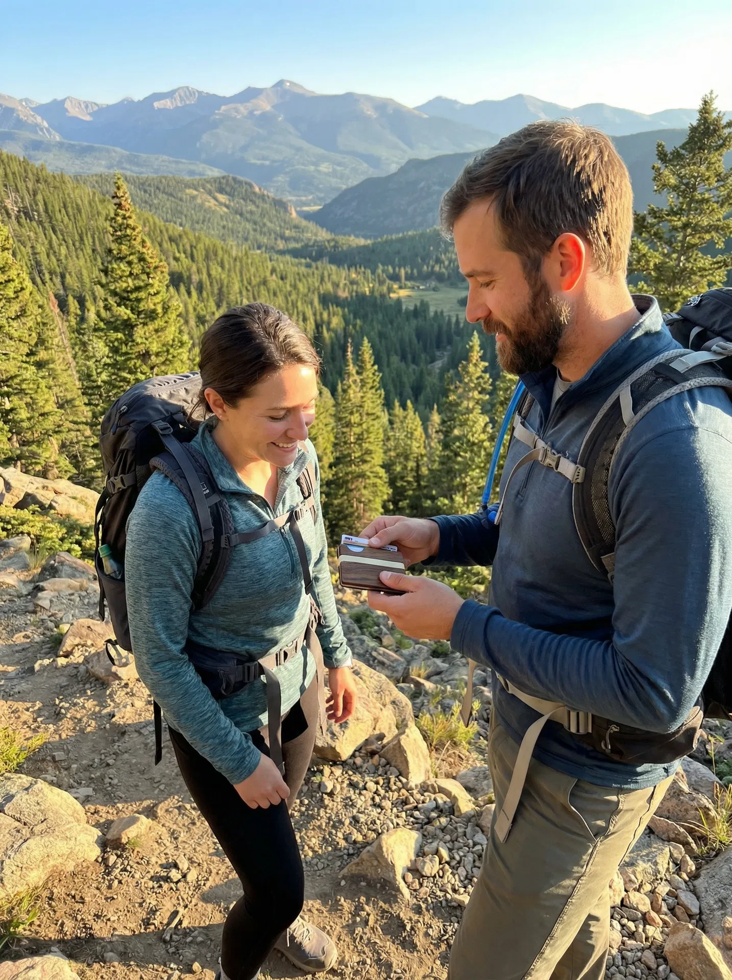 Two hikers with Tomi Wallet overlooking Colorado mountain valley