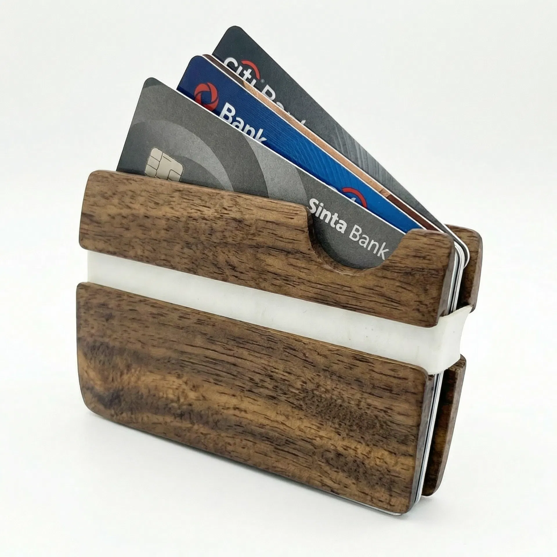 Tomi Wallet - Side angle view showing secure groove elastic system holding multiple cards