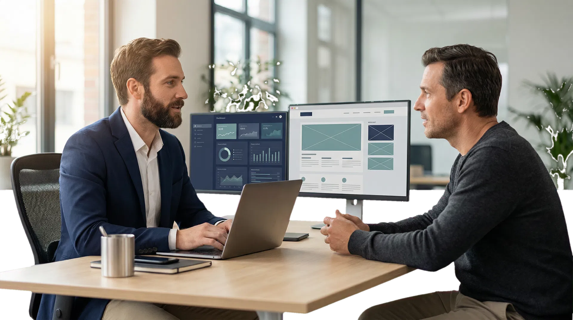 Professional technology consultant meeting with a client in a modern office