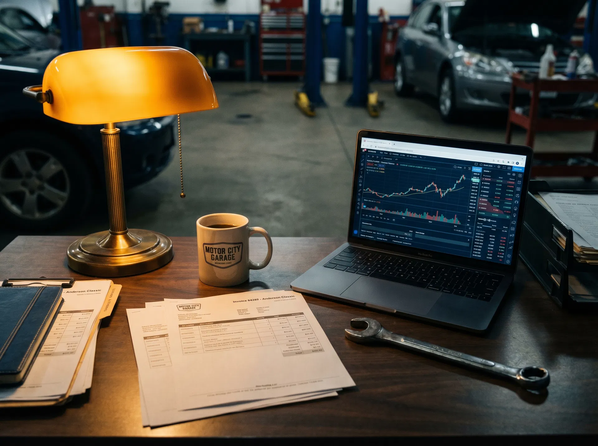 Shop owner's desk with invoices and laptop