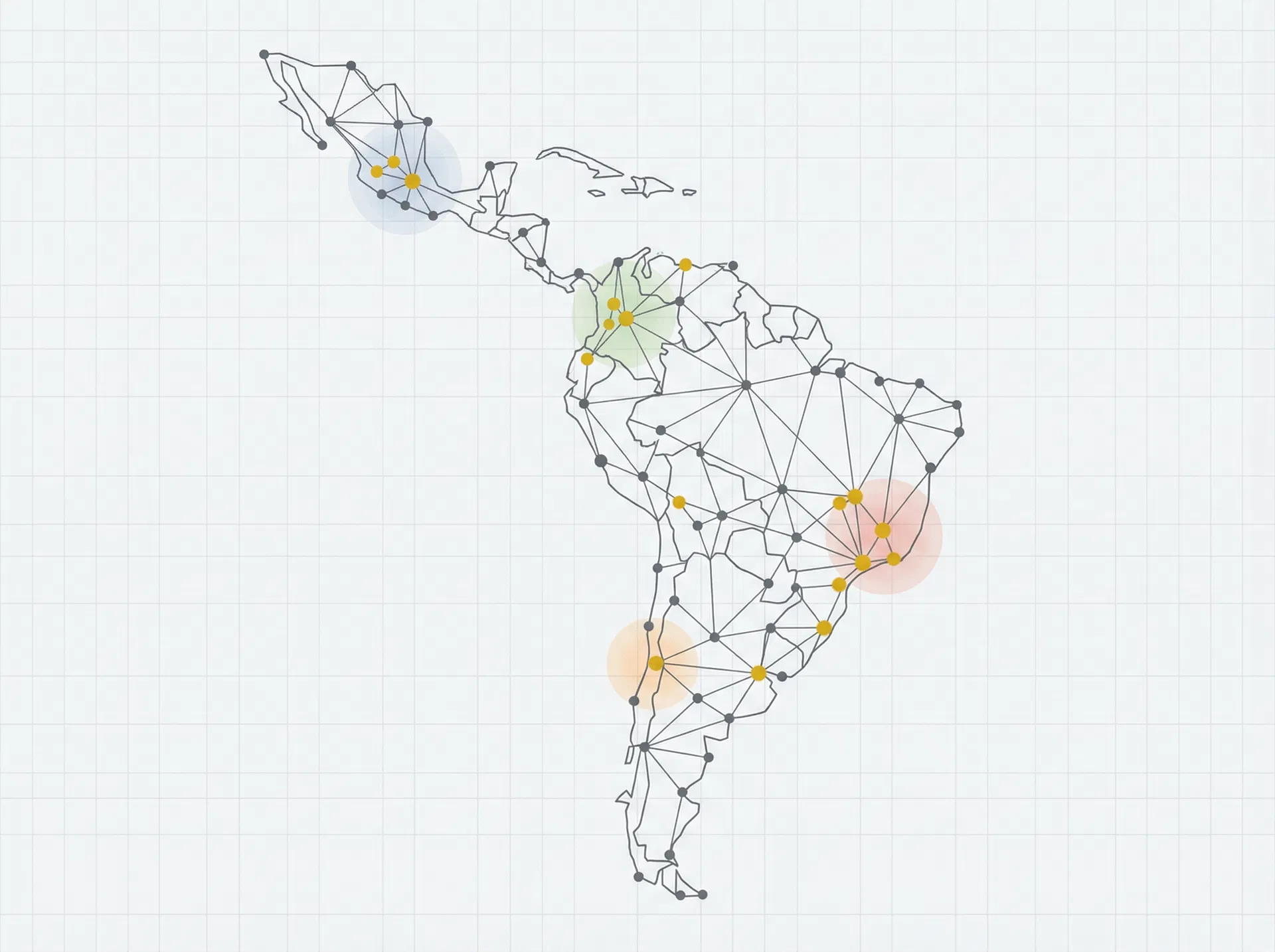 Mapa de América Latina con conexiones de infraestructura financiera — Brasil, México, Colombia, Chile y Argentina