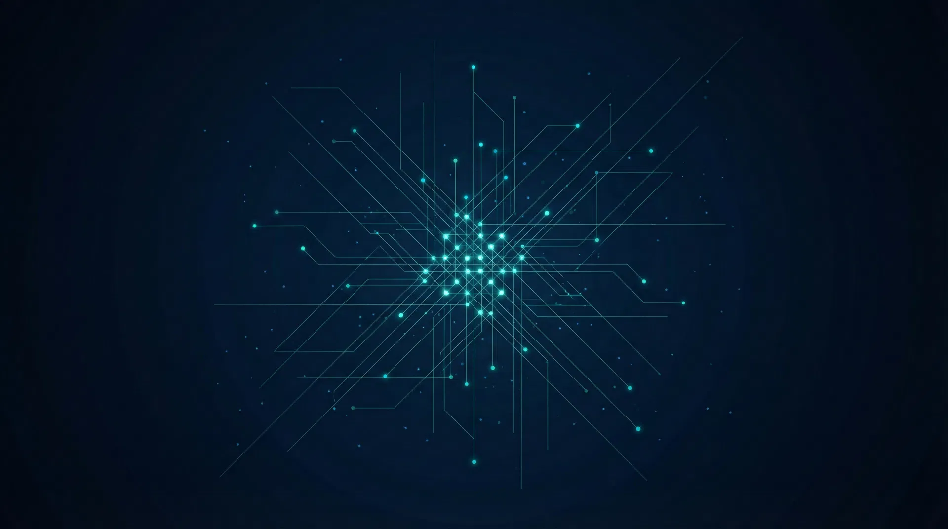 Abstract architectural network of teal lines and nodes on dark navy background, suggesting governance connectivity