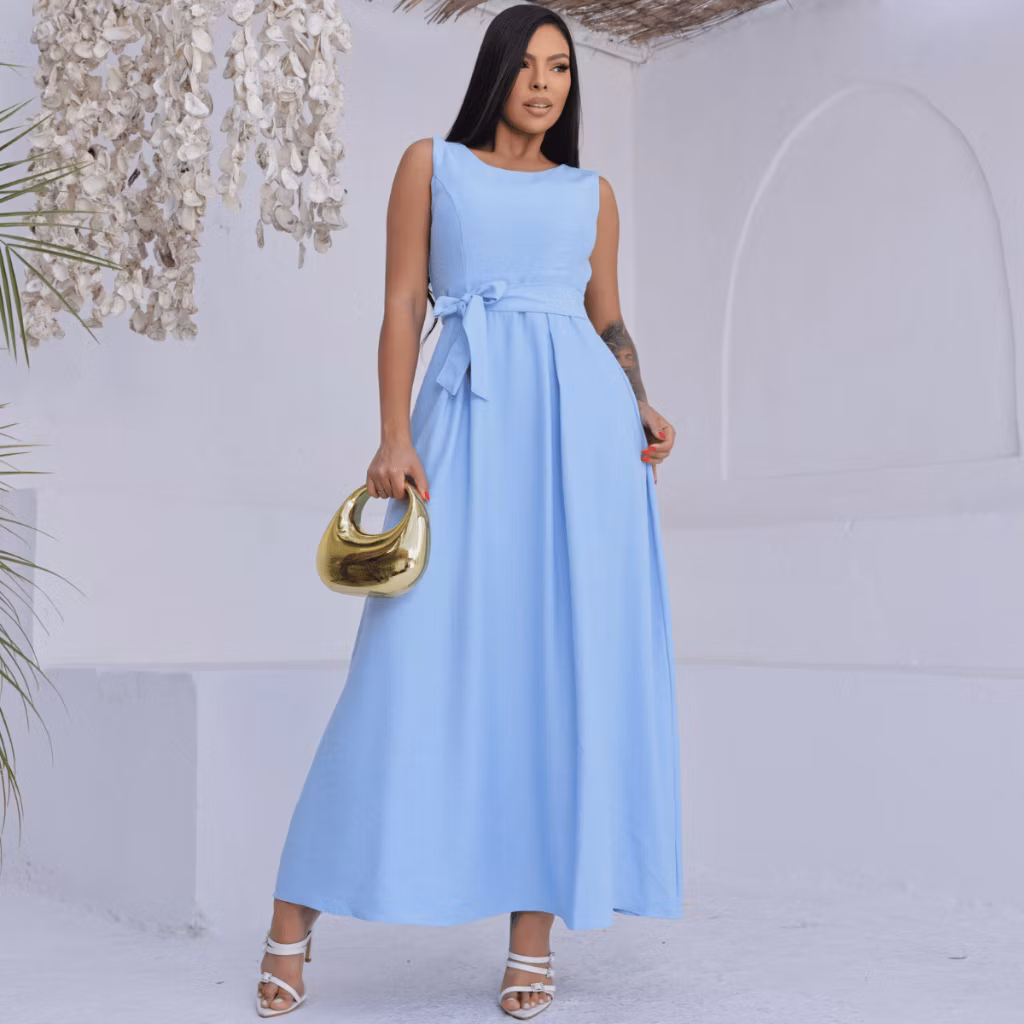 Vestido longo sem manga rodado 