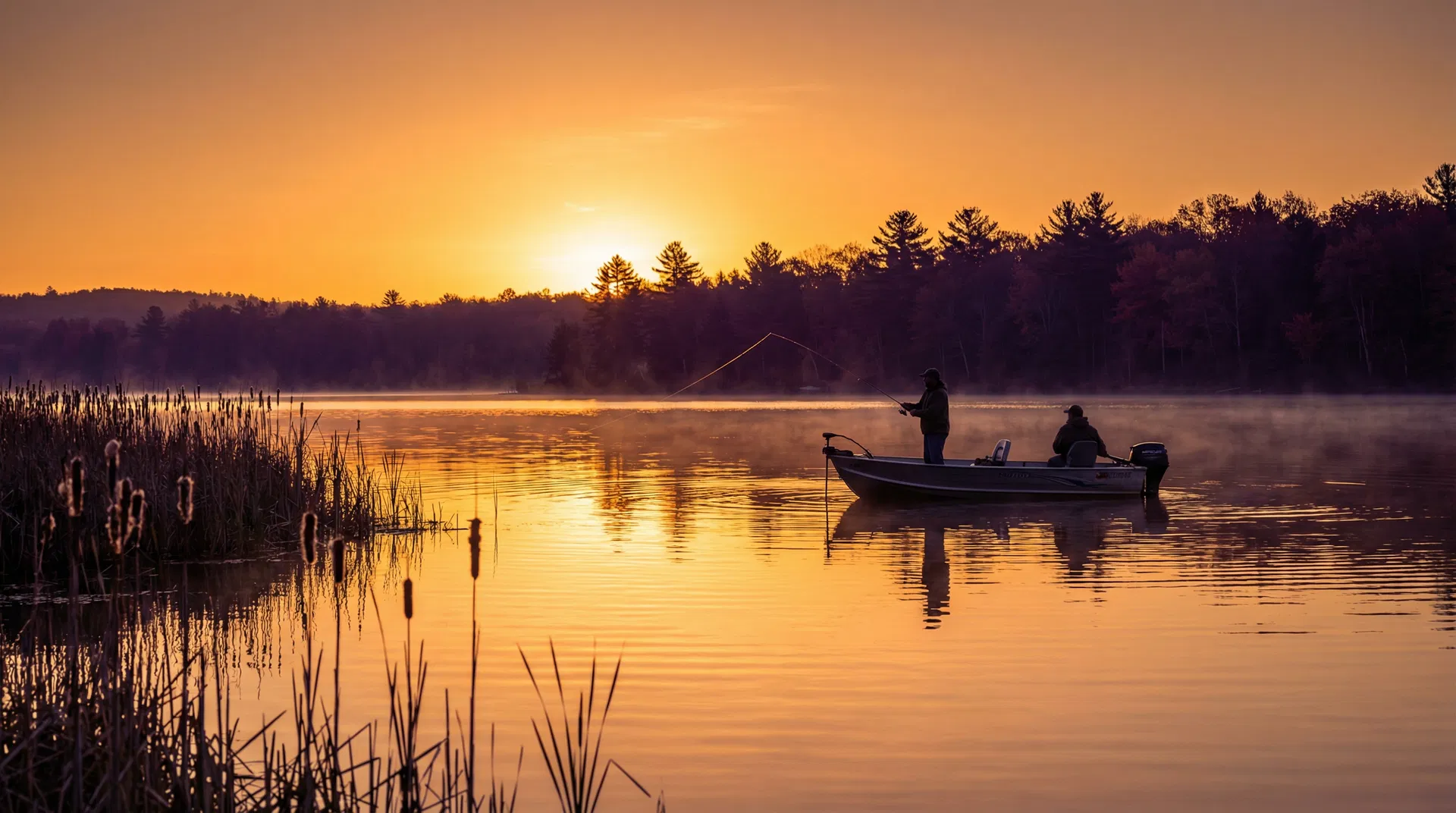 Angler fishing at sunset on a misty lake