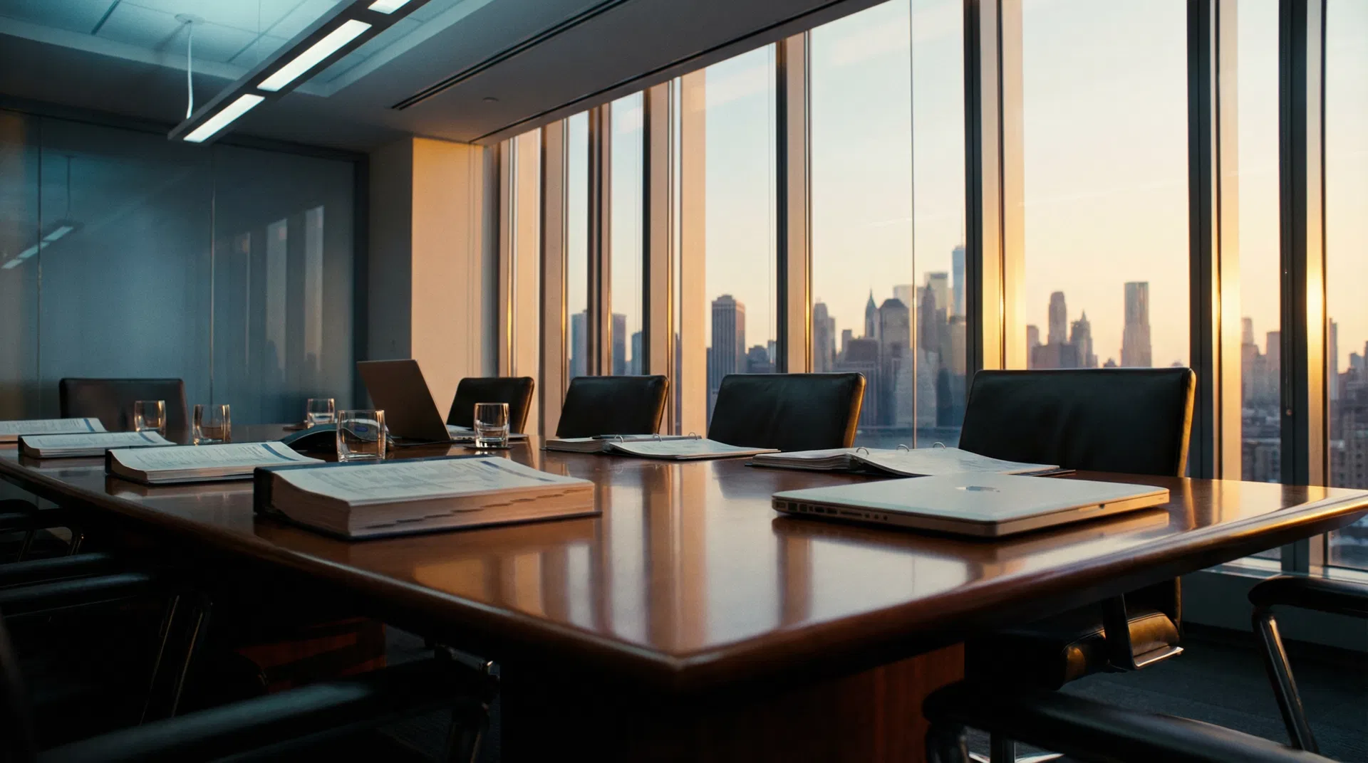 Modern financial advisory boardroom at golden hour