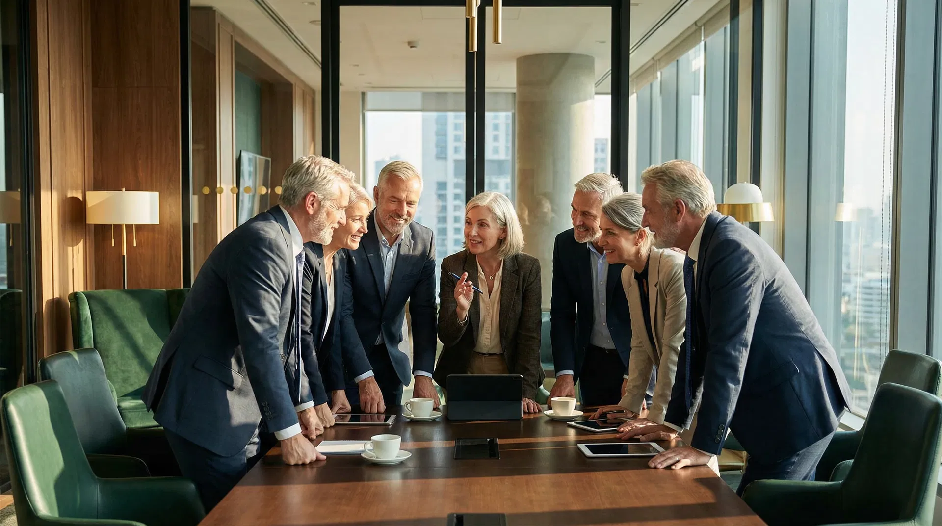 Leadership team meeting — professionals collaborating around a conference table