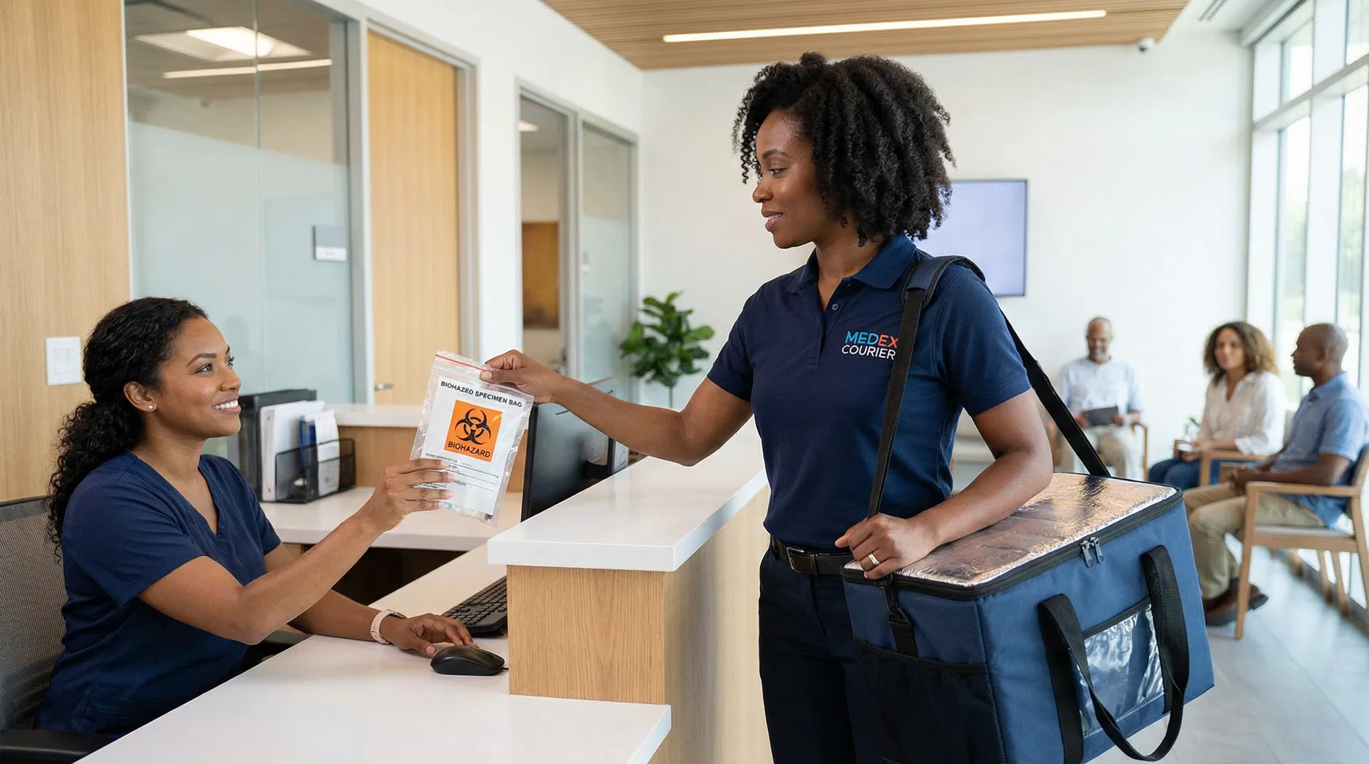 Medical courier delivering healthcare supplies to a clinic