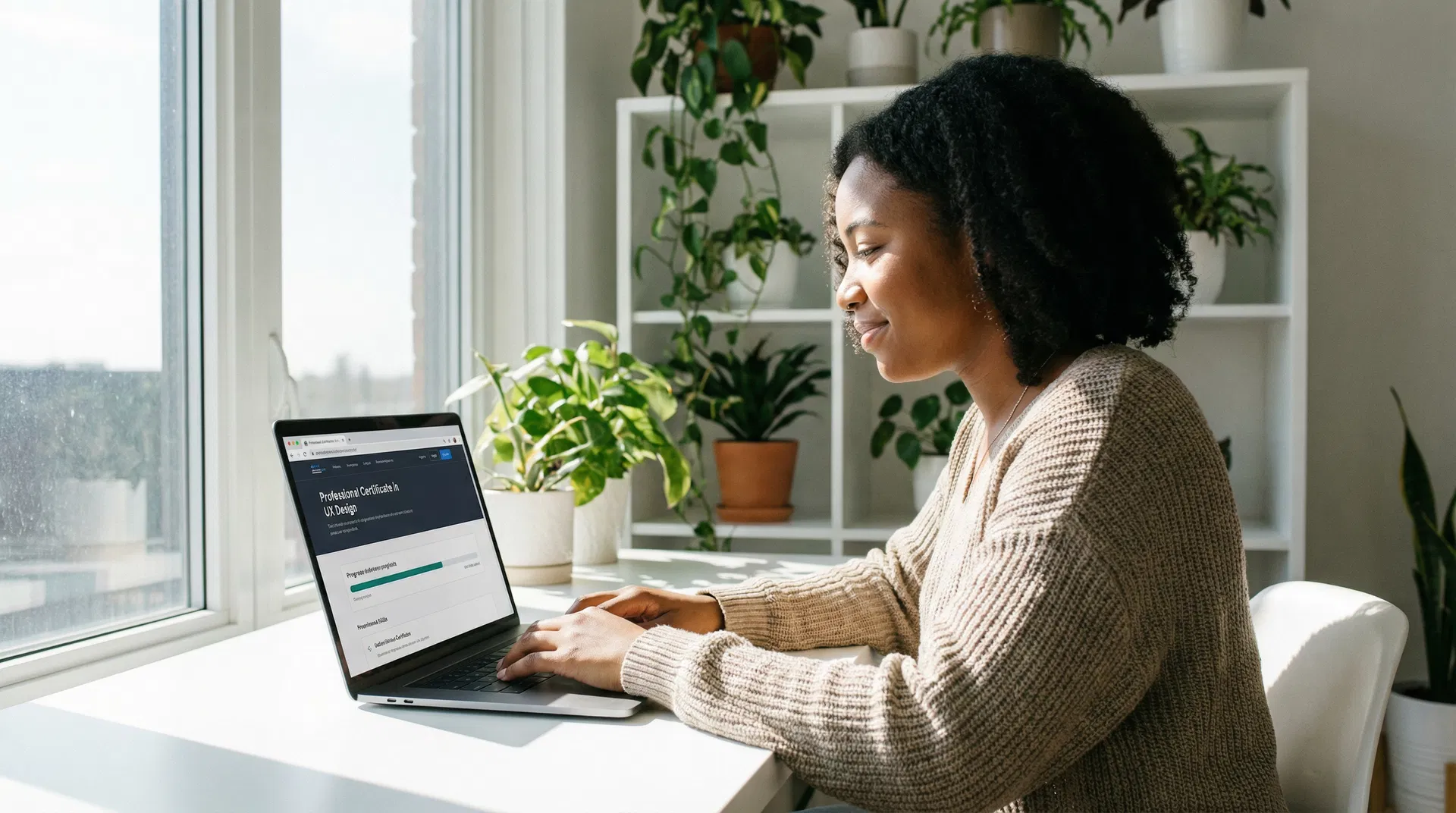 Woman studying online certification course at home