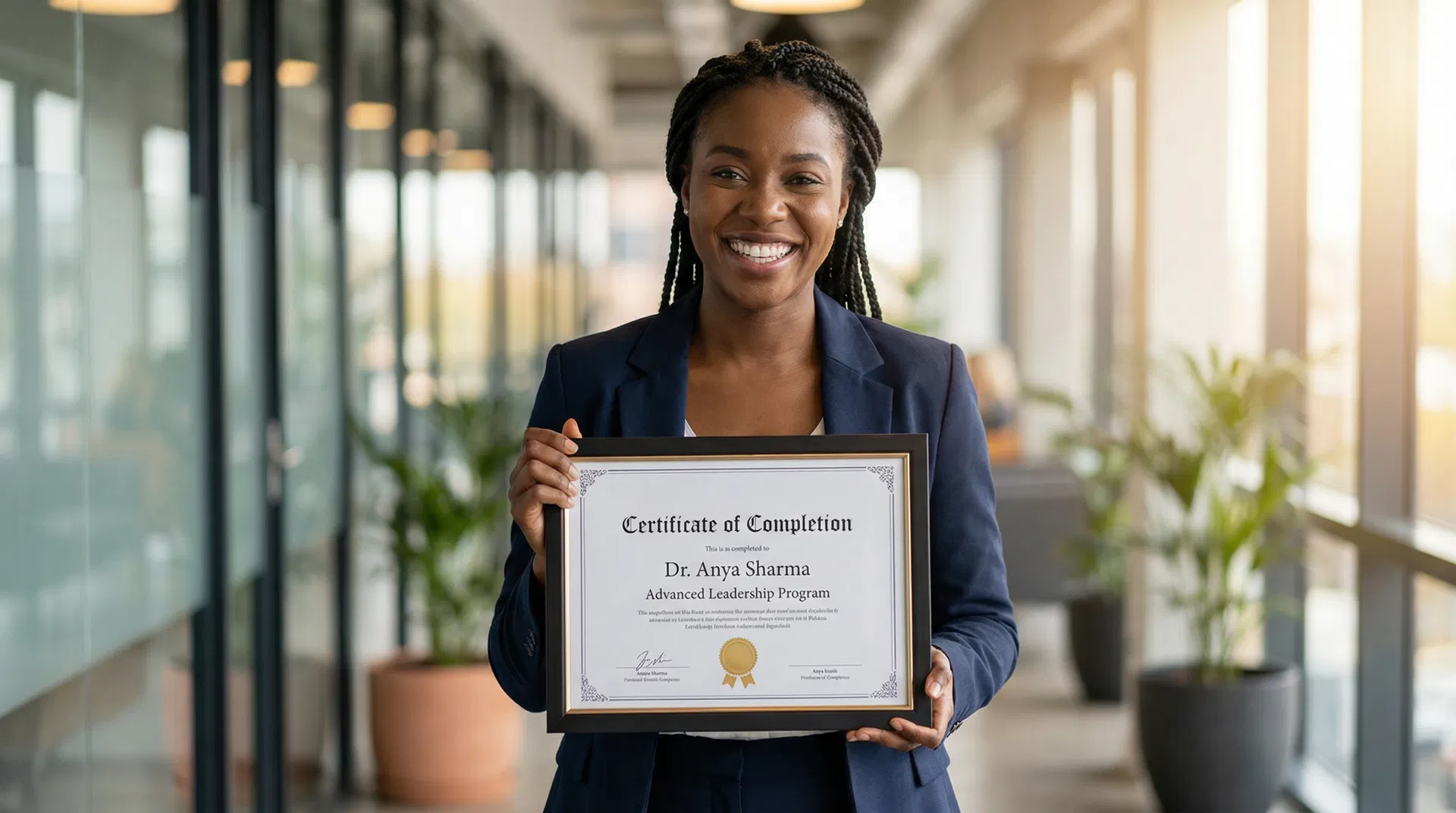 Confident woman holding a certificate of completion, smiling