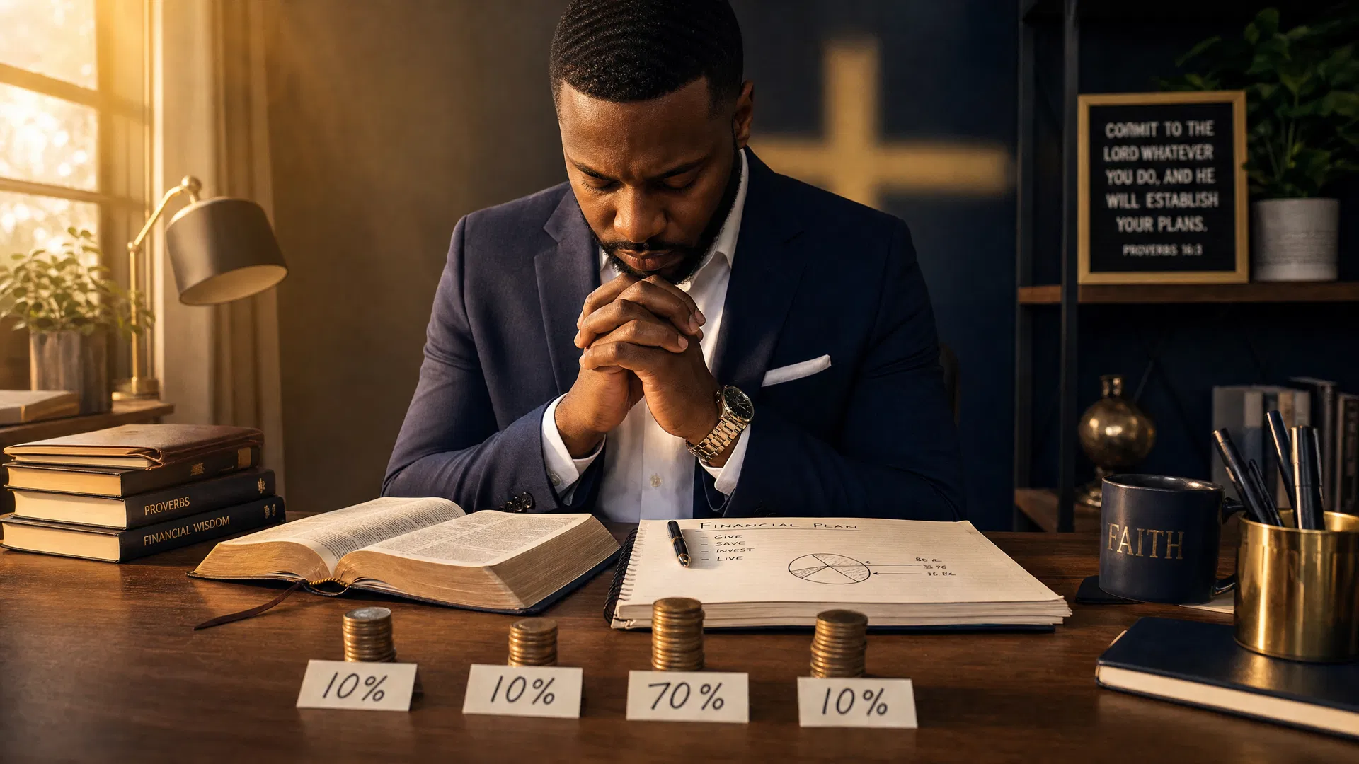A man in a navy suit praying over an open Bible with coin stacks labeled 10% 10% 70% 10% — faith-based budgeting