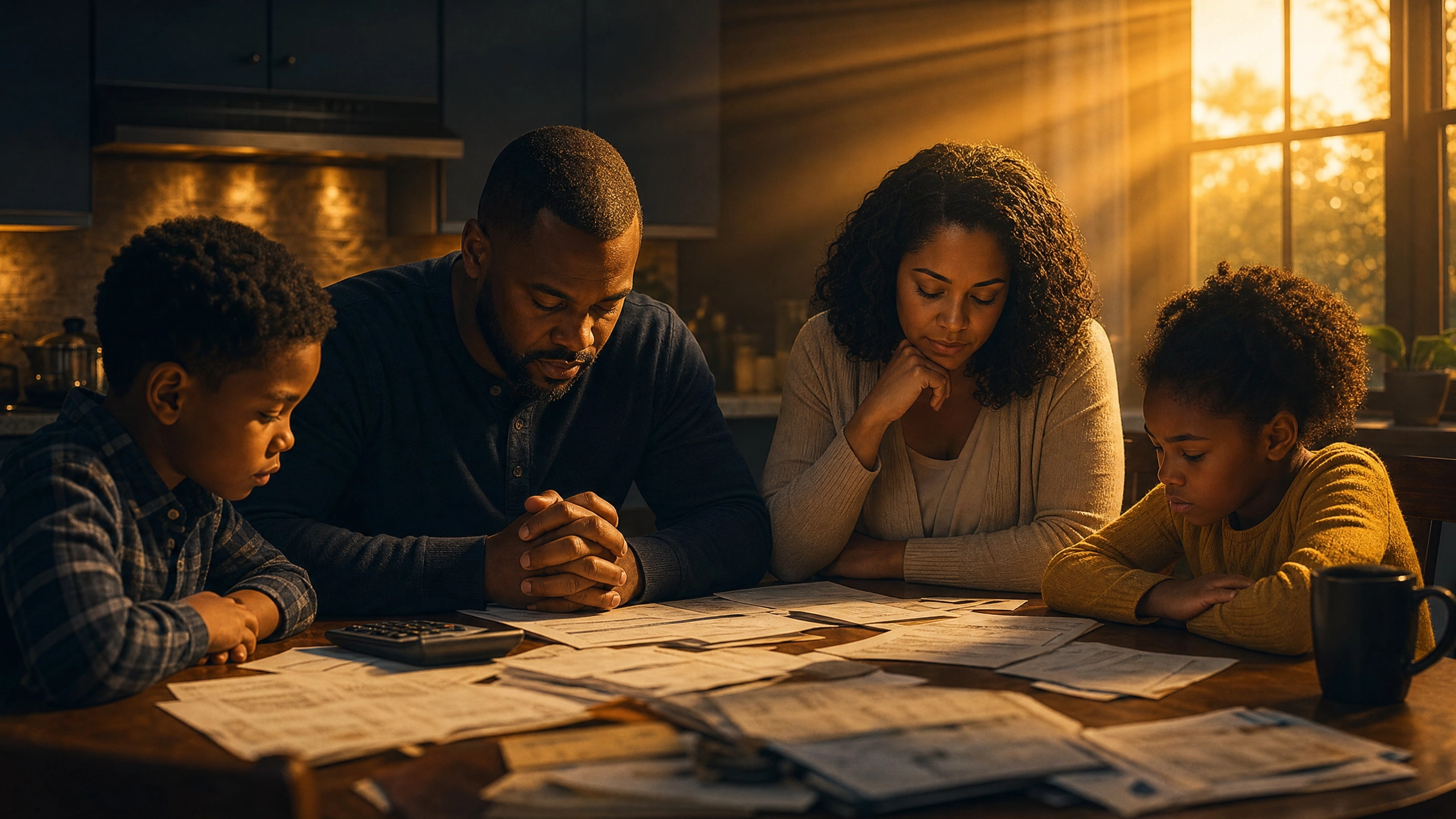 A family gathered around a kitchen table covered in bills, with golden light streaming through the window — conveying financial stress alongside faith and hope.