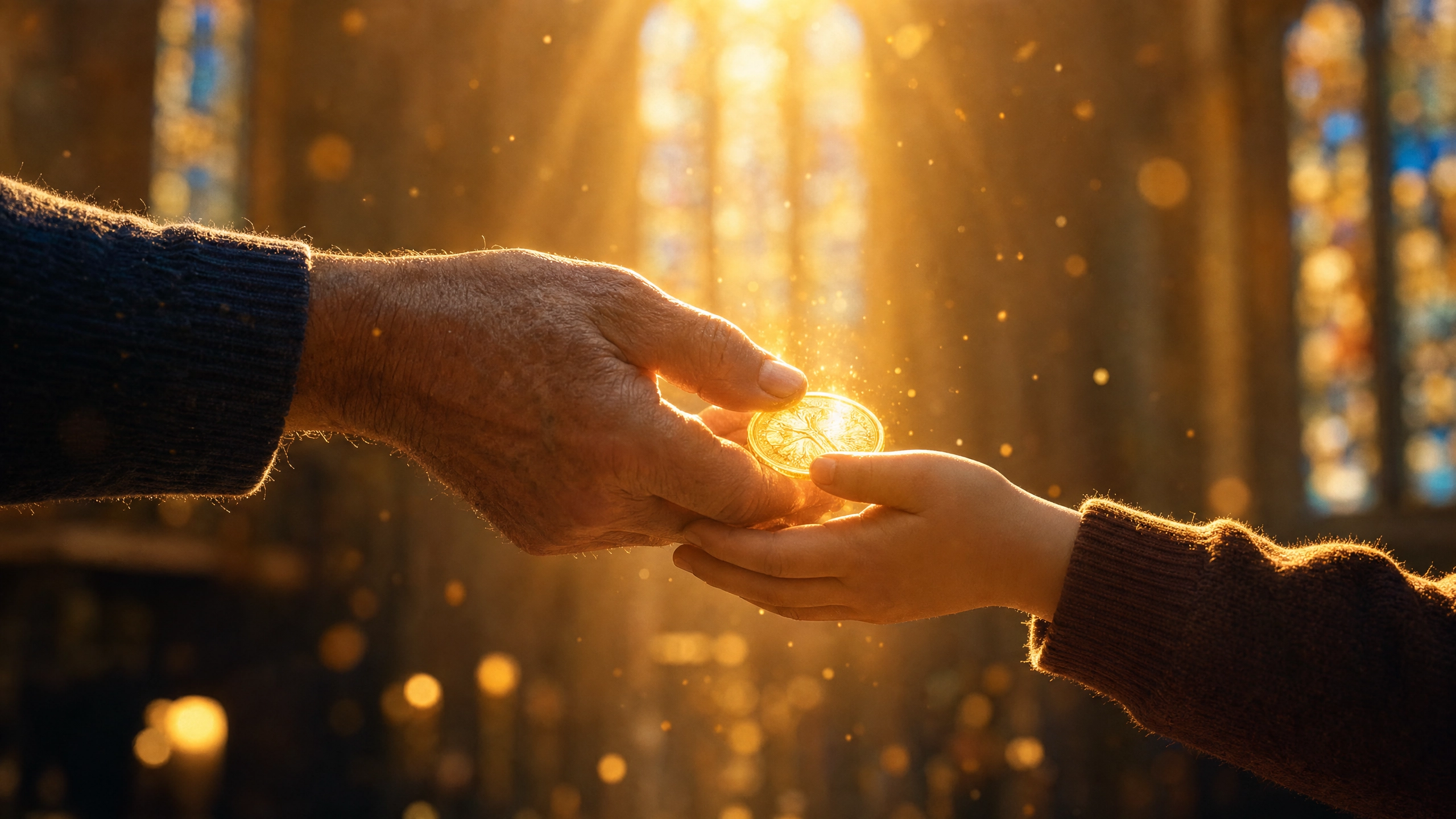 An older hand passing a glowing golden coin to a younger hand in a sunlit church interior with stained glass