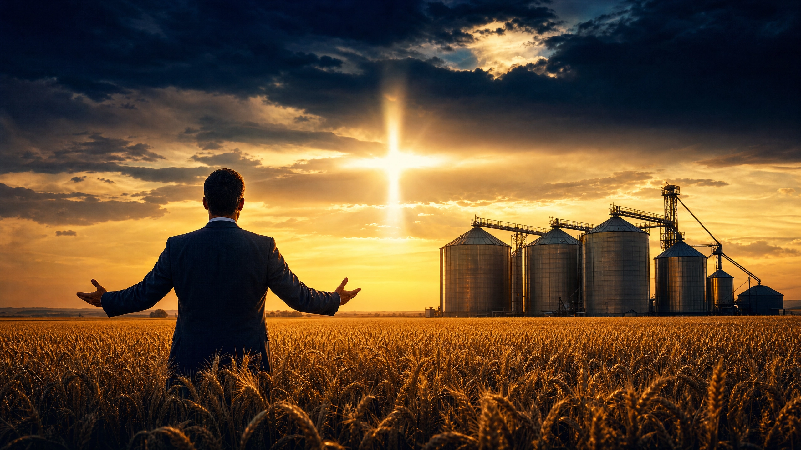 A man in a suit standing in a golden wheat field at sunset with grain silos and a glowing cross in the sky