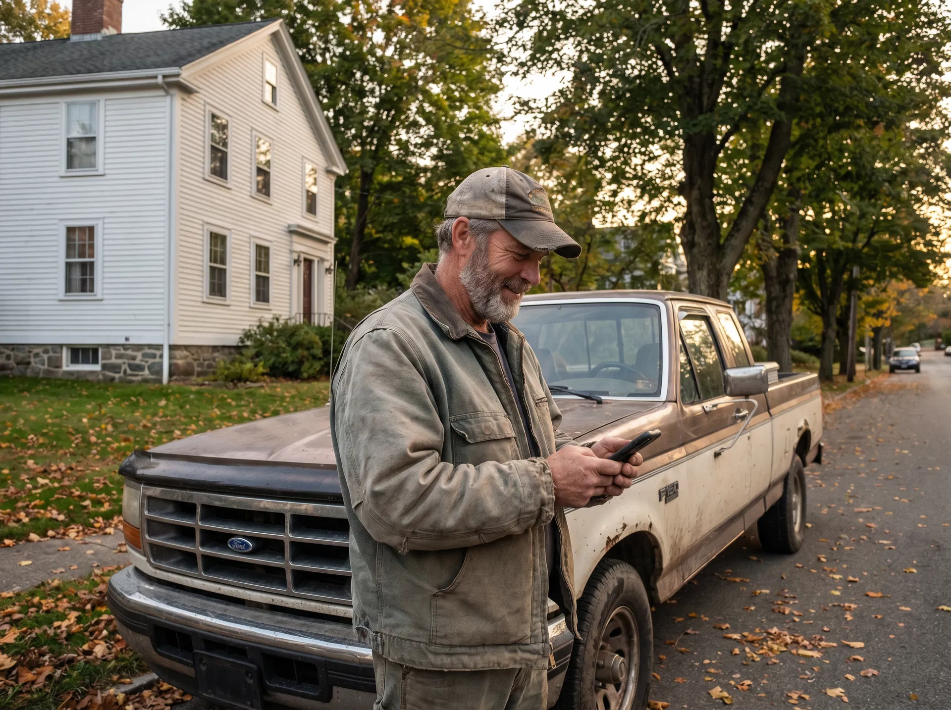 Local contractor in New England checking his phone by his work truck