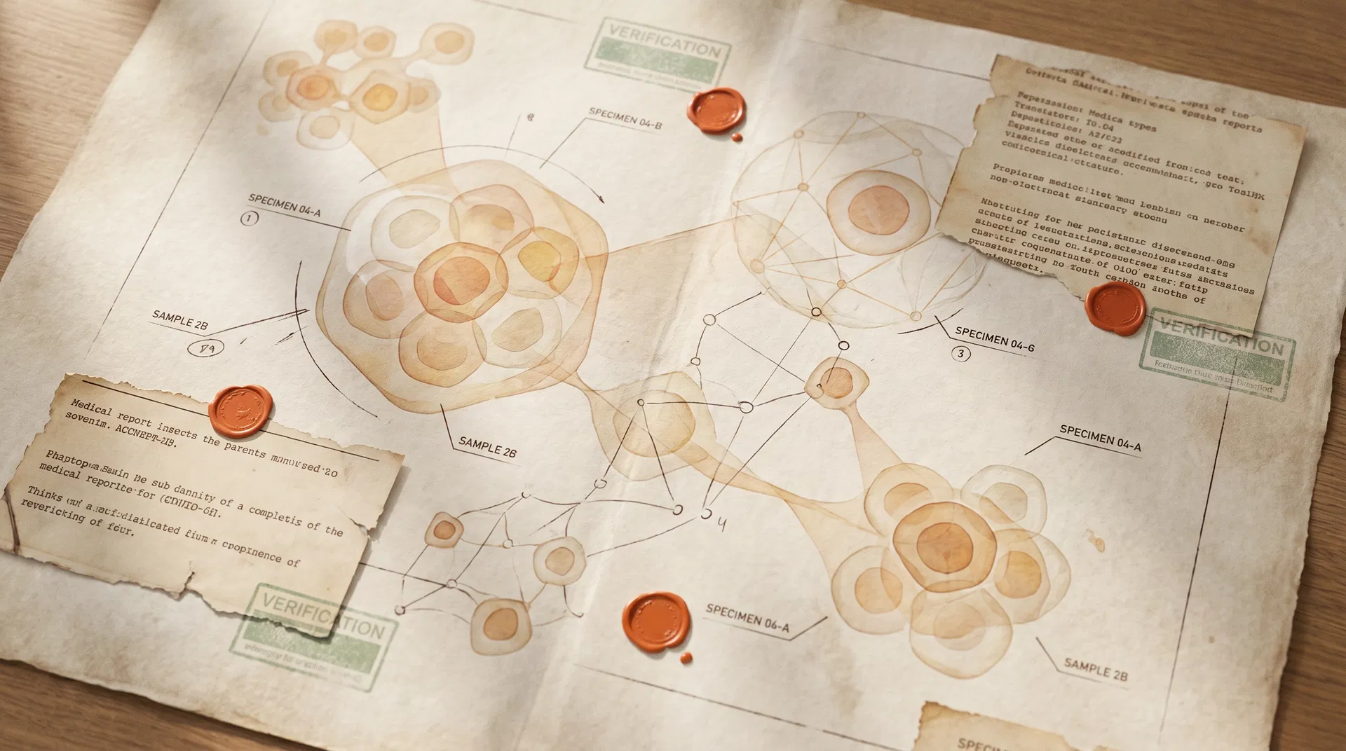 Parchment dossier with abstract cellular diagrams, annotation lines, and verification seals.