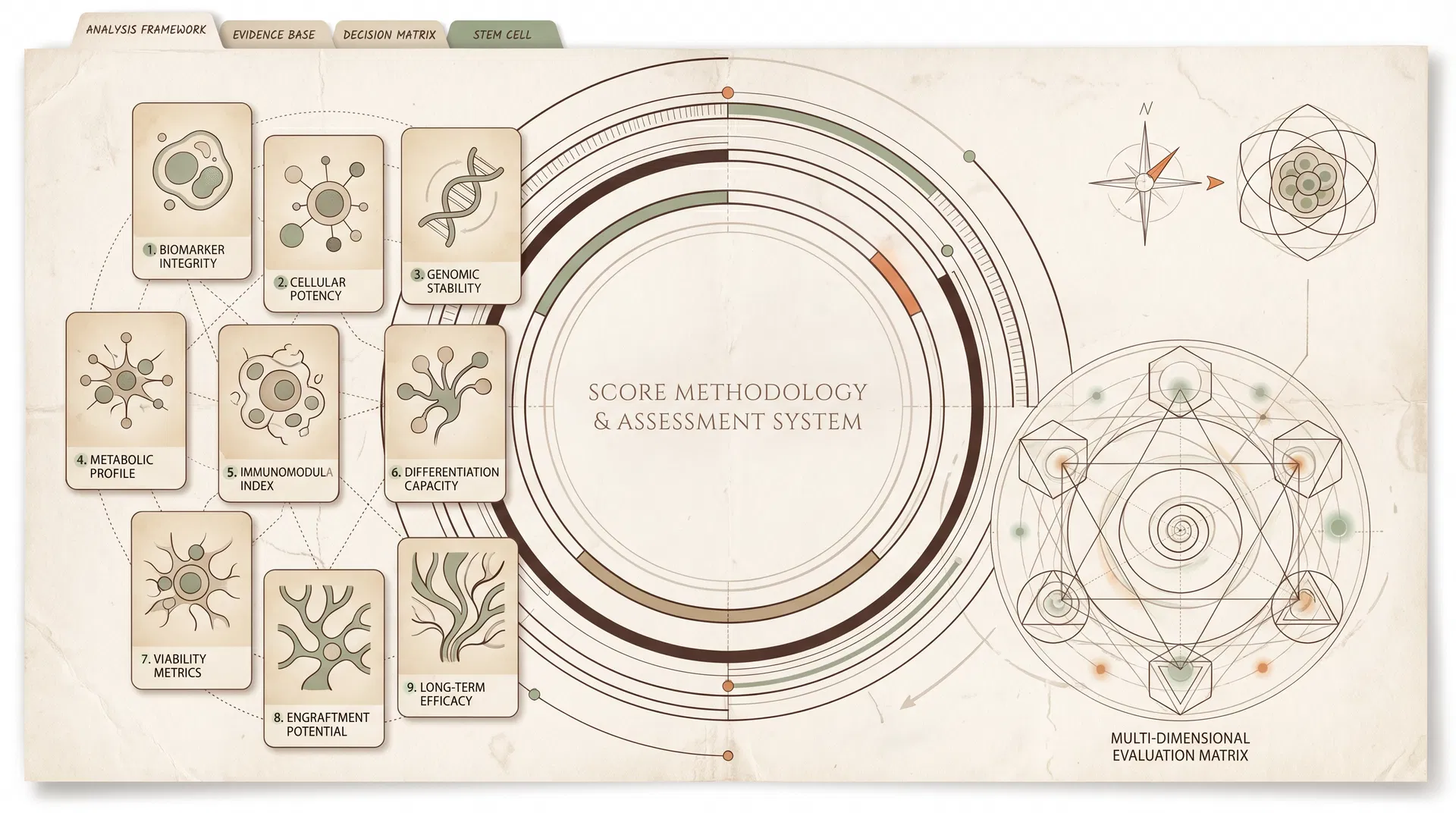 Abstract concentric assessment rings and modular decision cards on parchment.