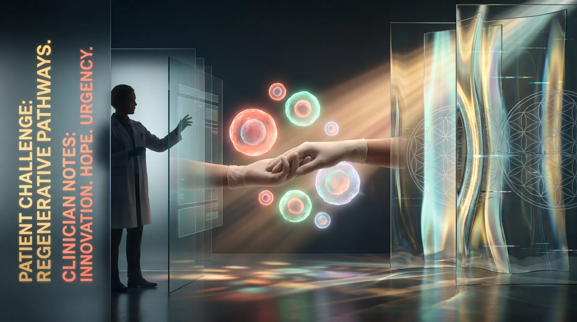 Glassmorphic clinical defense image with glowing stem-cell forms, sacred-geometry rings, and consult tension.