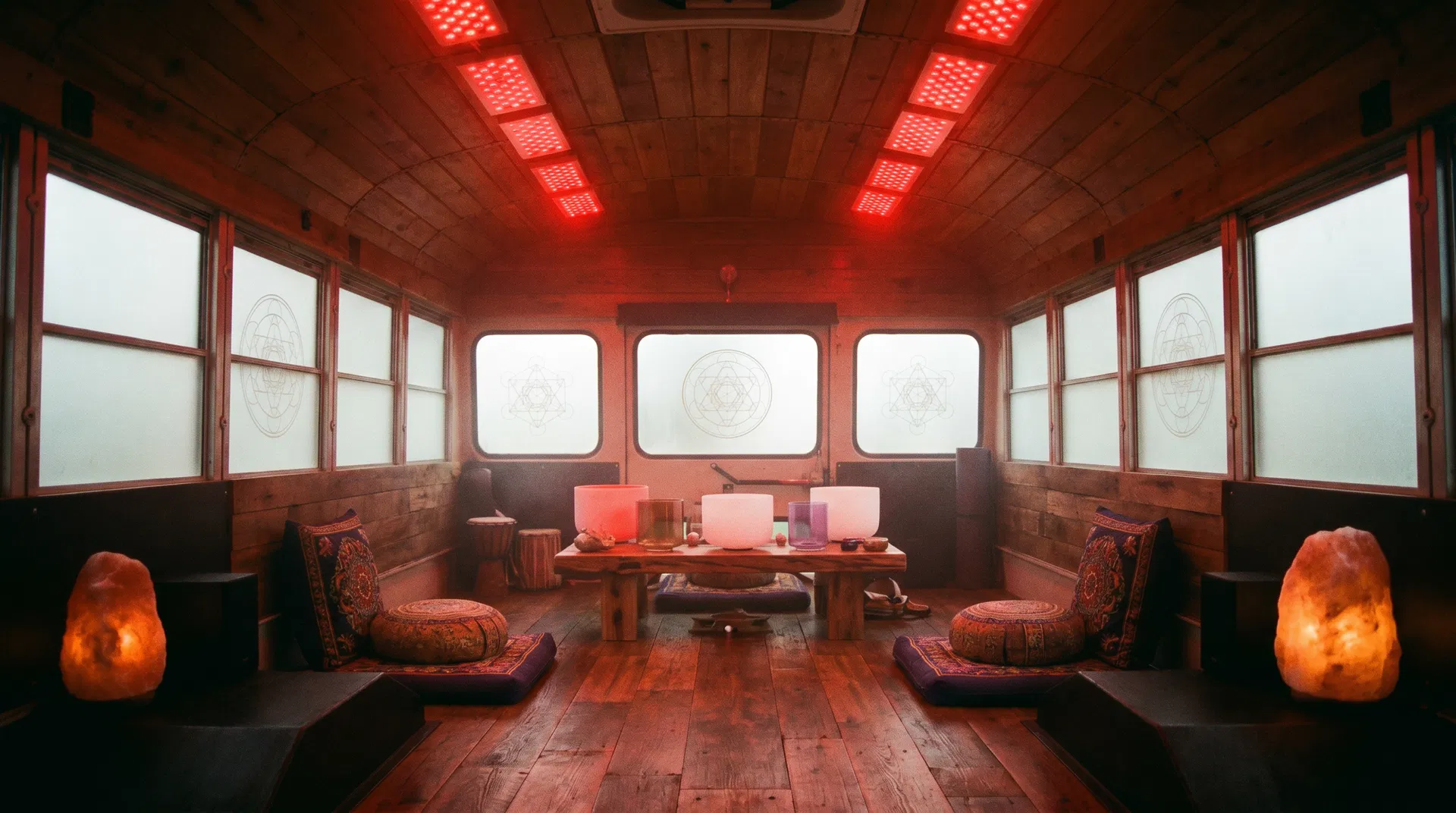 The BioFRQNCY Bus — mobile sanctuary, rolling through golden hour