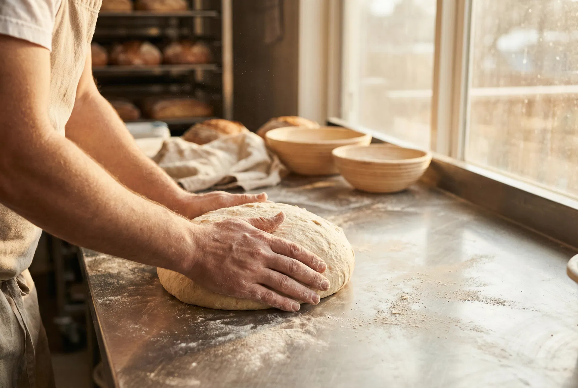 Artisan baker in commercial kitchen
