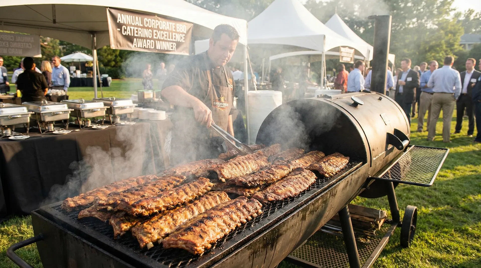 Award-winning pork ribs on a commercial smoker grill