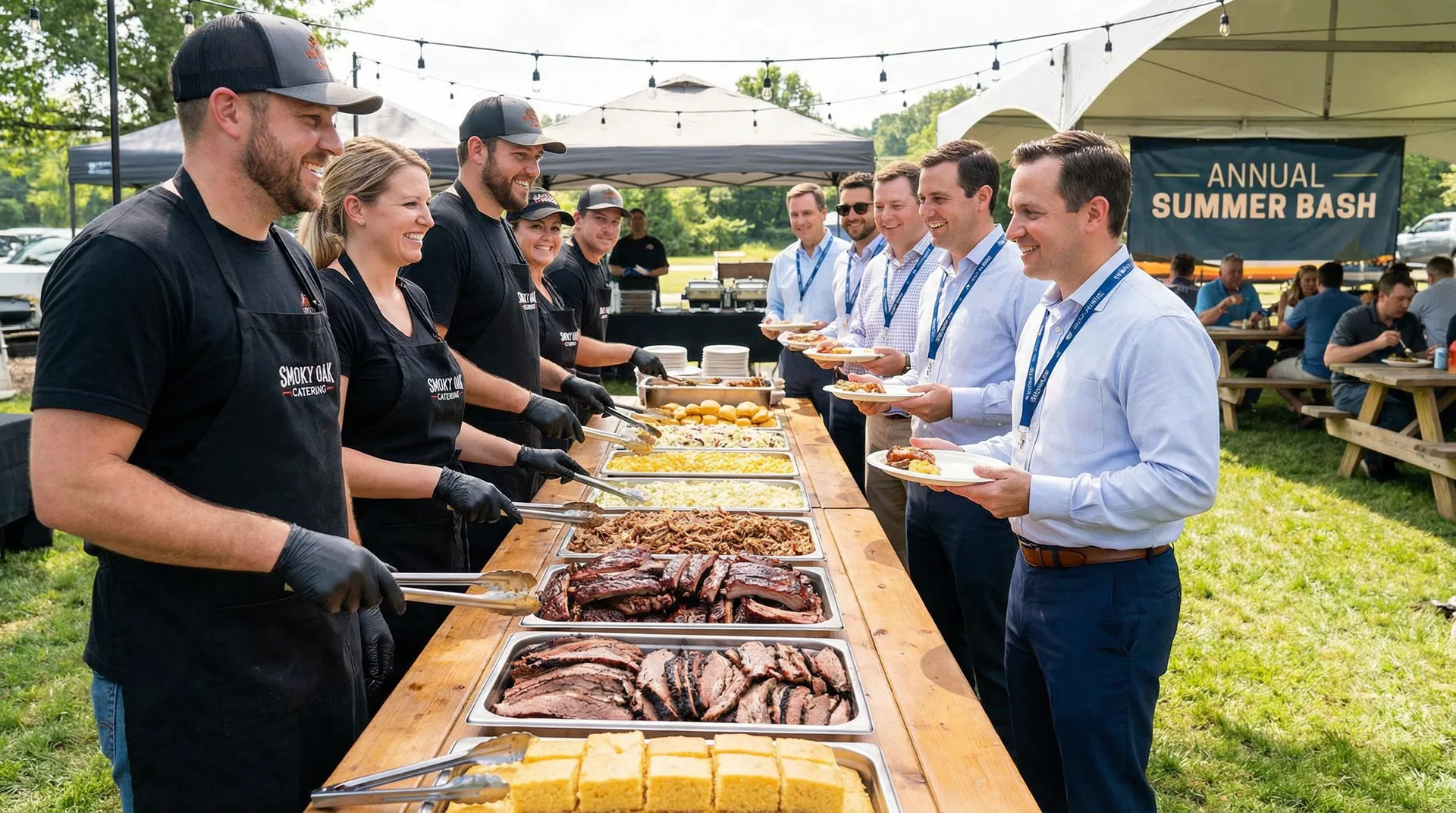 BBQ team serving guests at a corporate catering event