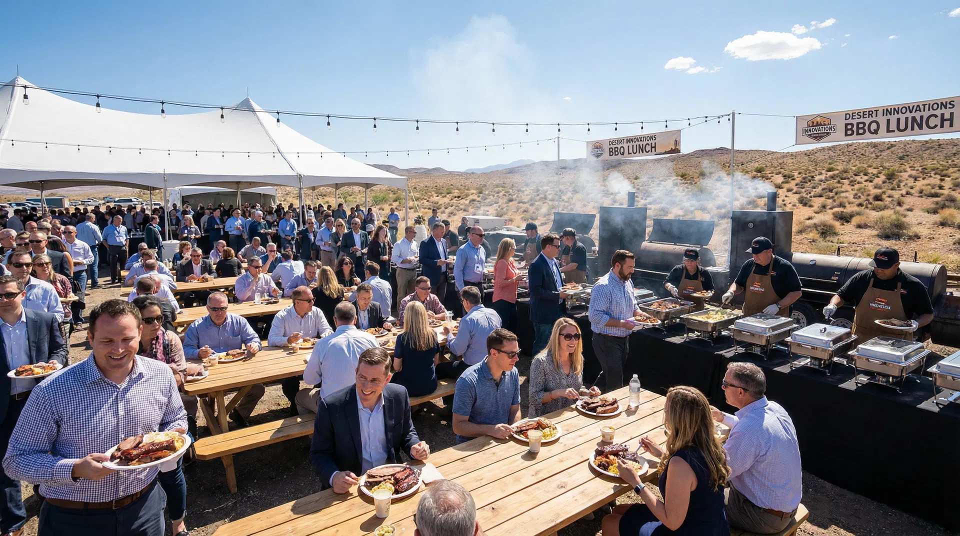 Corporate BBQ lunch crowd enjoying catered event