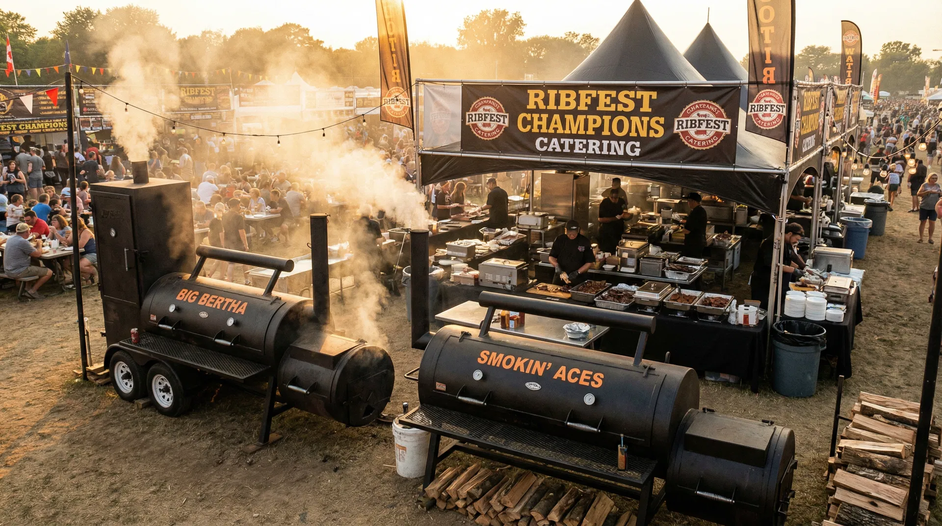 Full Ribfest competition setup with smokers and banners