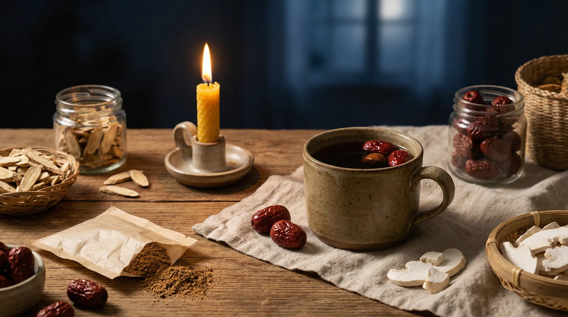 A warm cup of herbal tea with red dates and traditional Chinese medicine herbs, candlelight ambiance