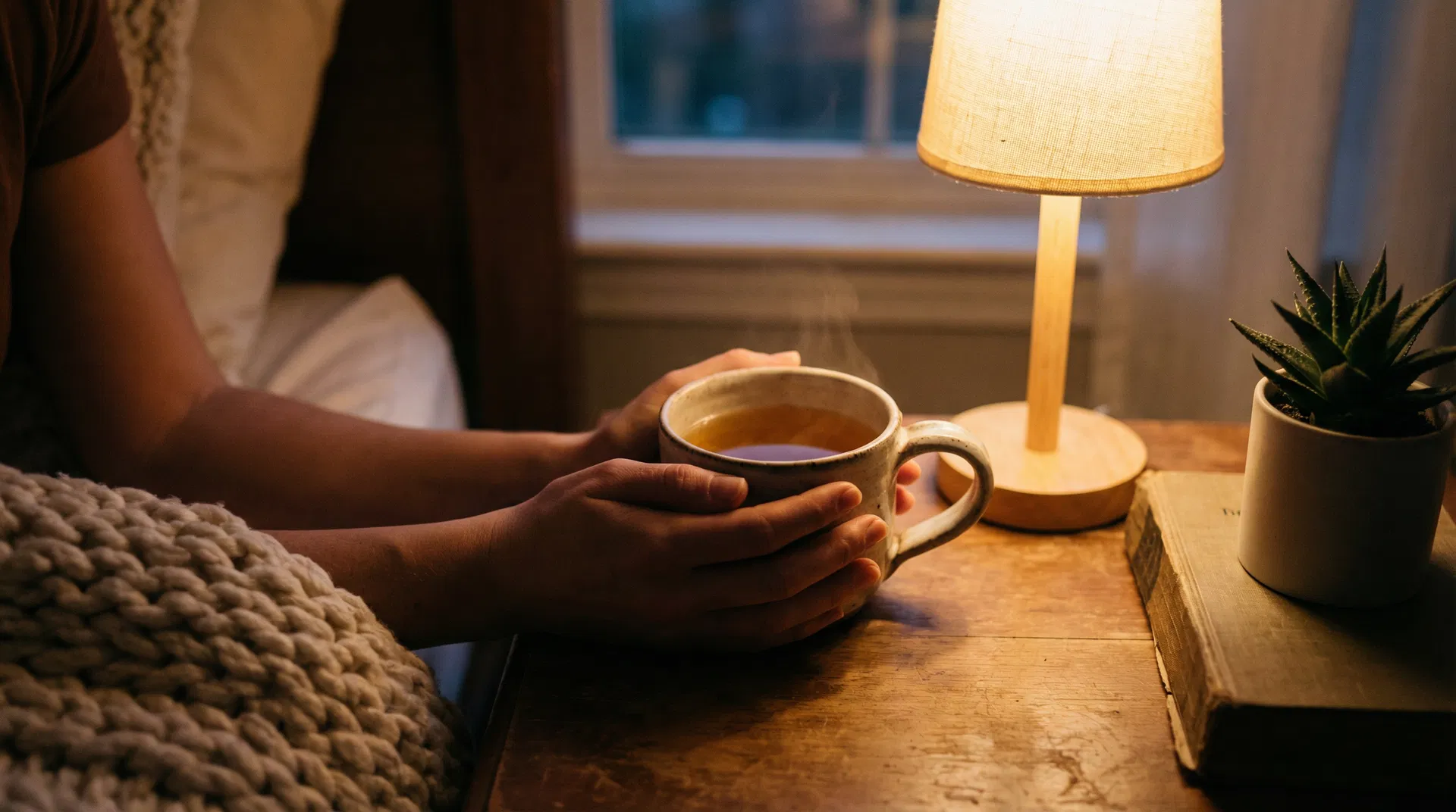 Hands holding a warm cup of herbal tea in a cozy bedtime setting with soft lamplight