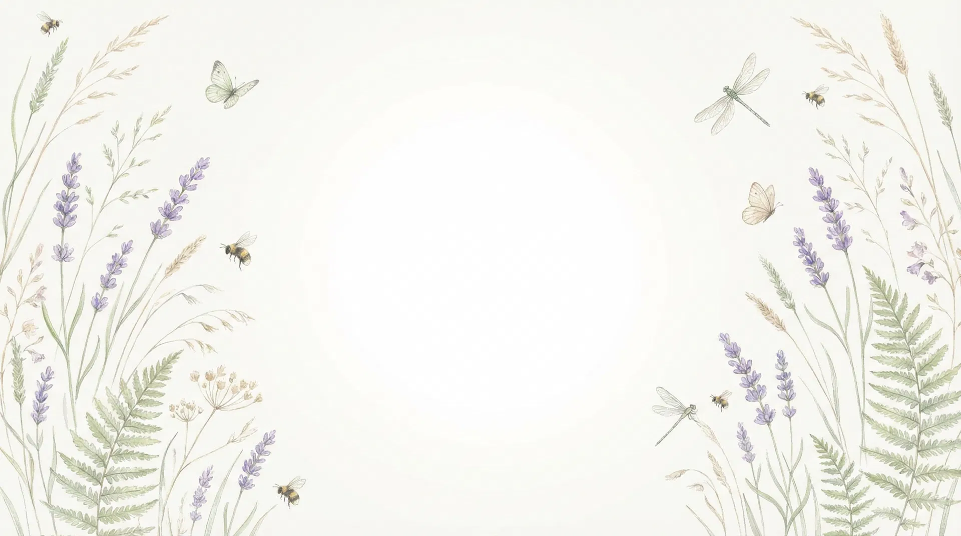 Zarte Illustration mit Gräsern, Lavendel, Farn und Insekten an den Seiten