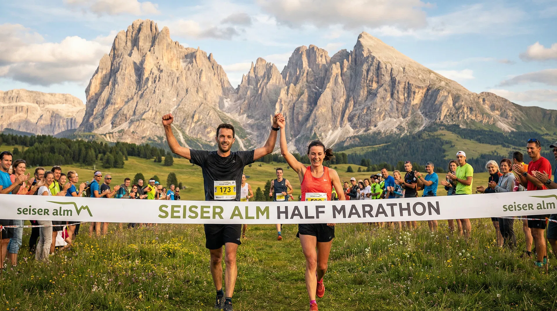 Linha de chegada da Seiser Alm Half Marathon com montanhas ao fundo