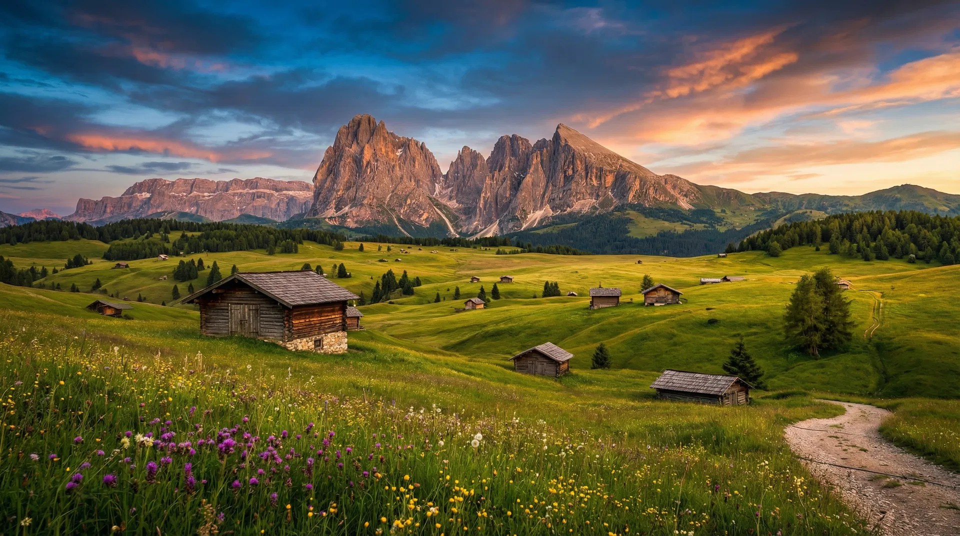 Panorama do Alpe di Siusi — maior planalto alpino da Europa com Sassolungo ao fundo