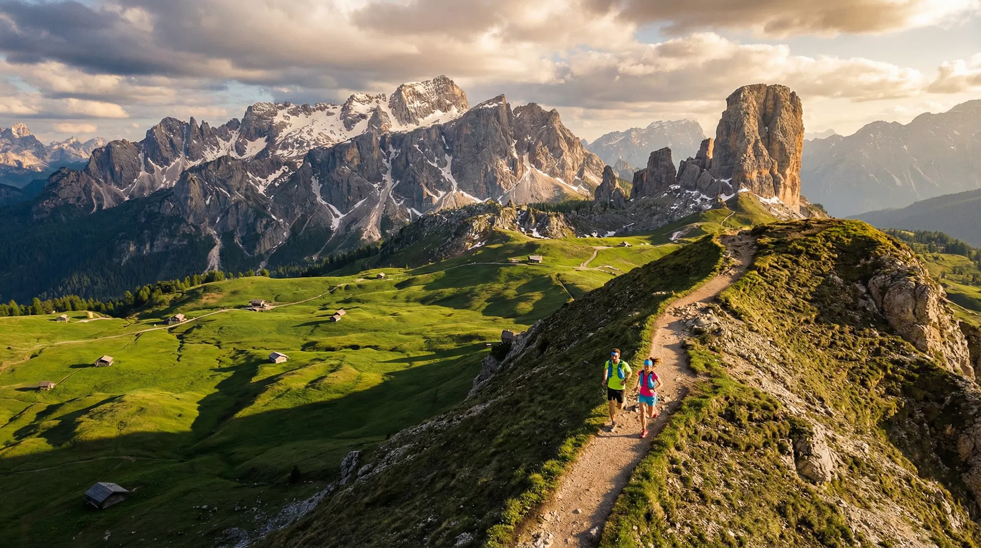 Casal correndo em trilha nas Dolomitas com vista panorâmica dos Alpes