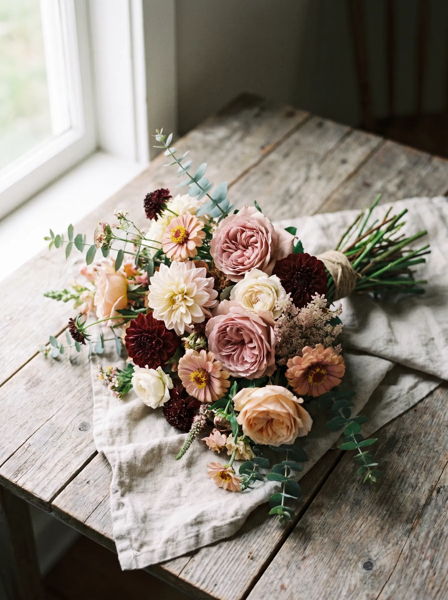 Hand-tied farm-fresh bouquet on a wooden table