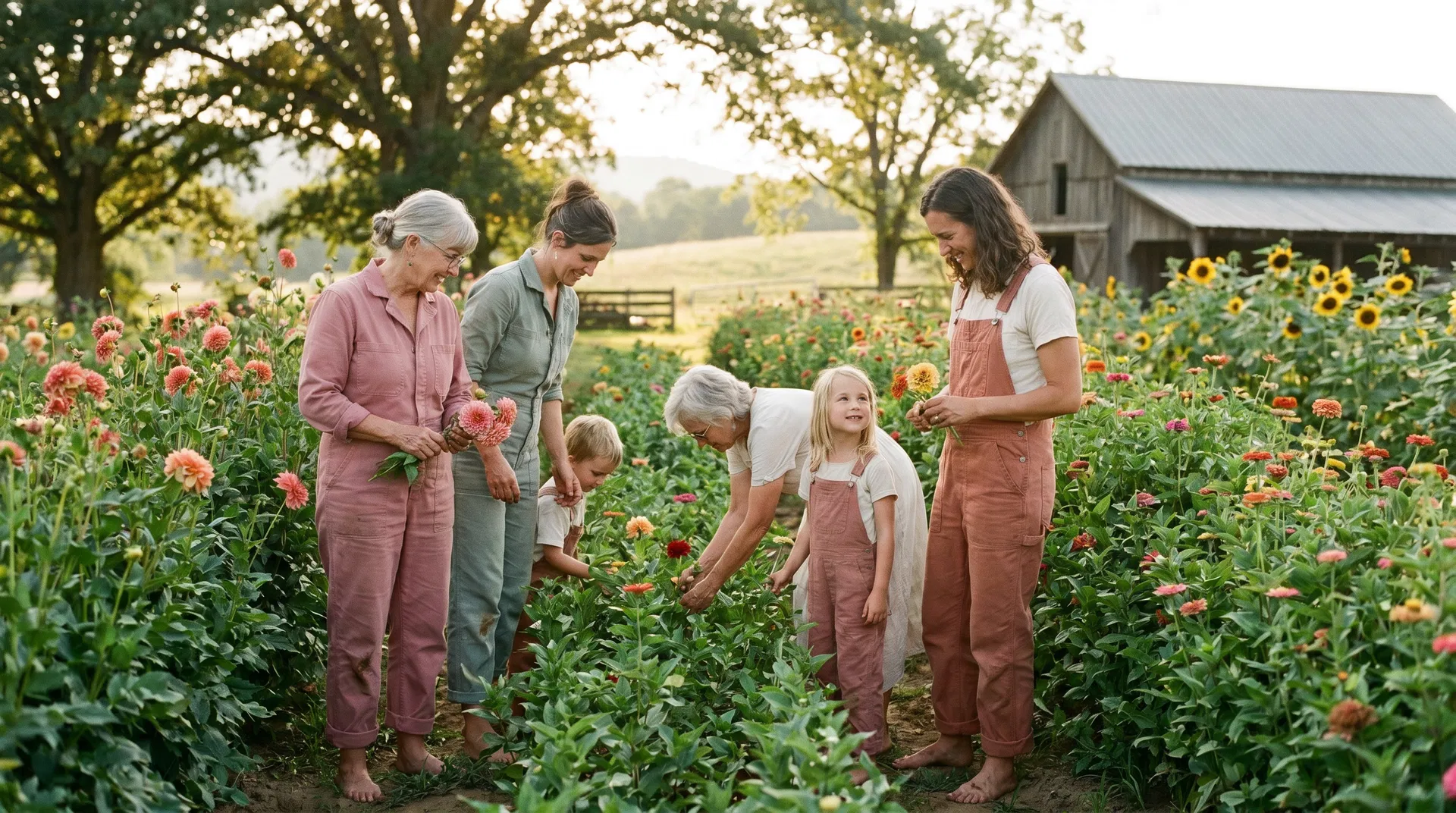 Family harvesting flowers on the farm
