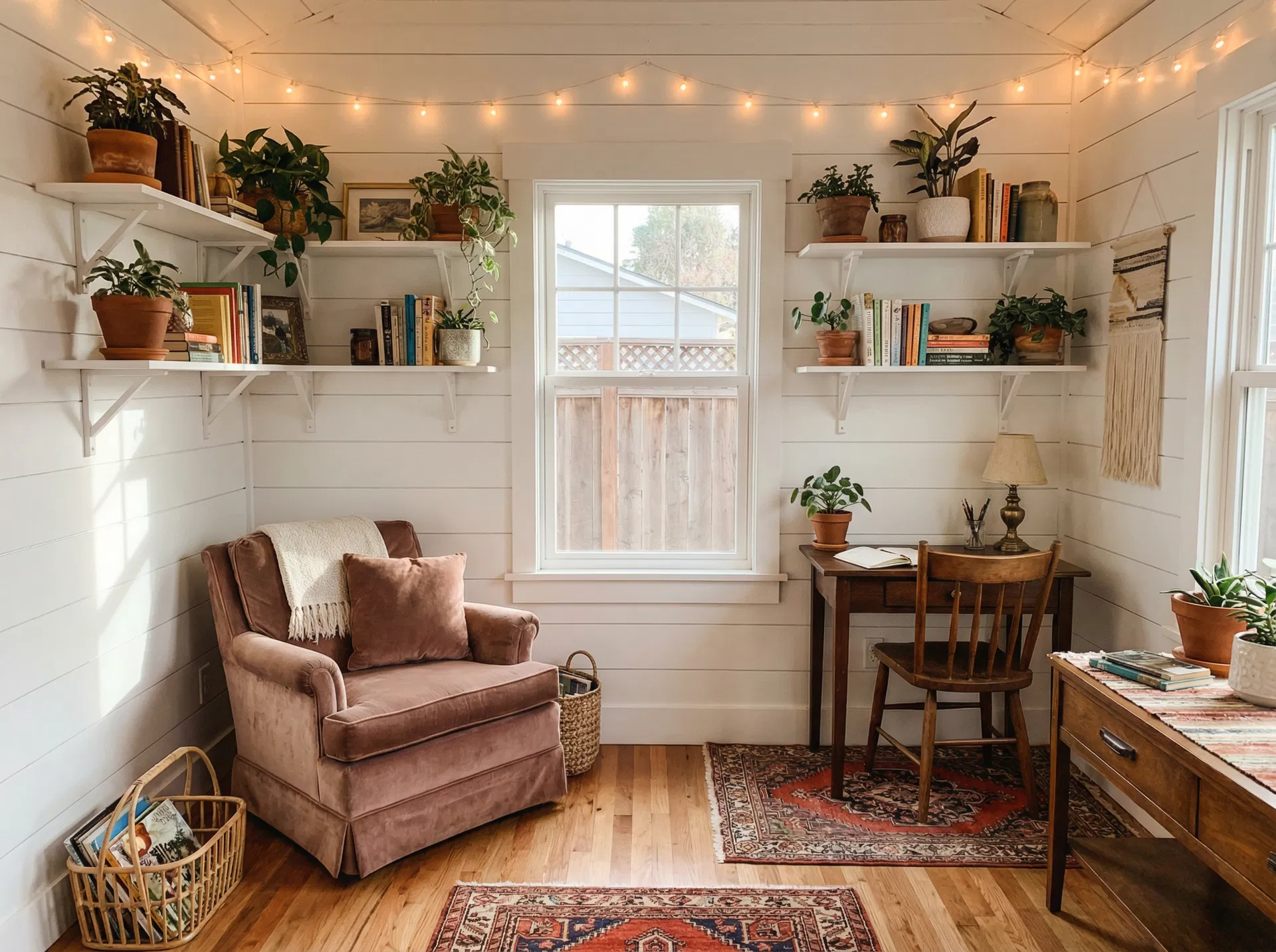 Interior — shiplap walls, reading chair, string lights, hardwood floors