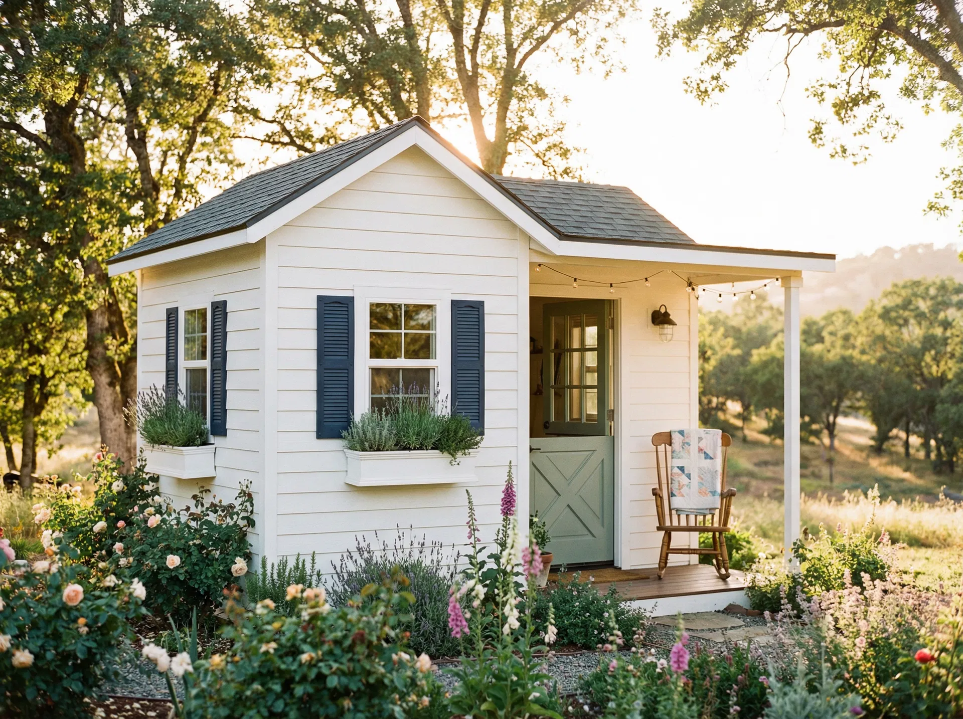 Exterior — white lap siding, Dutch door, cottage garden, golden hour