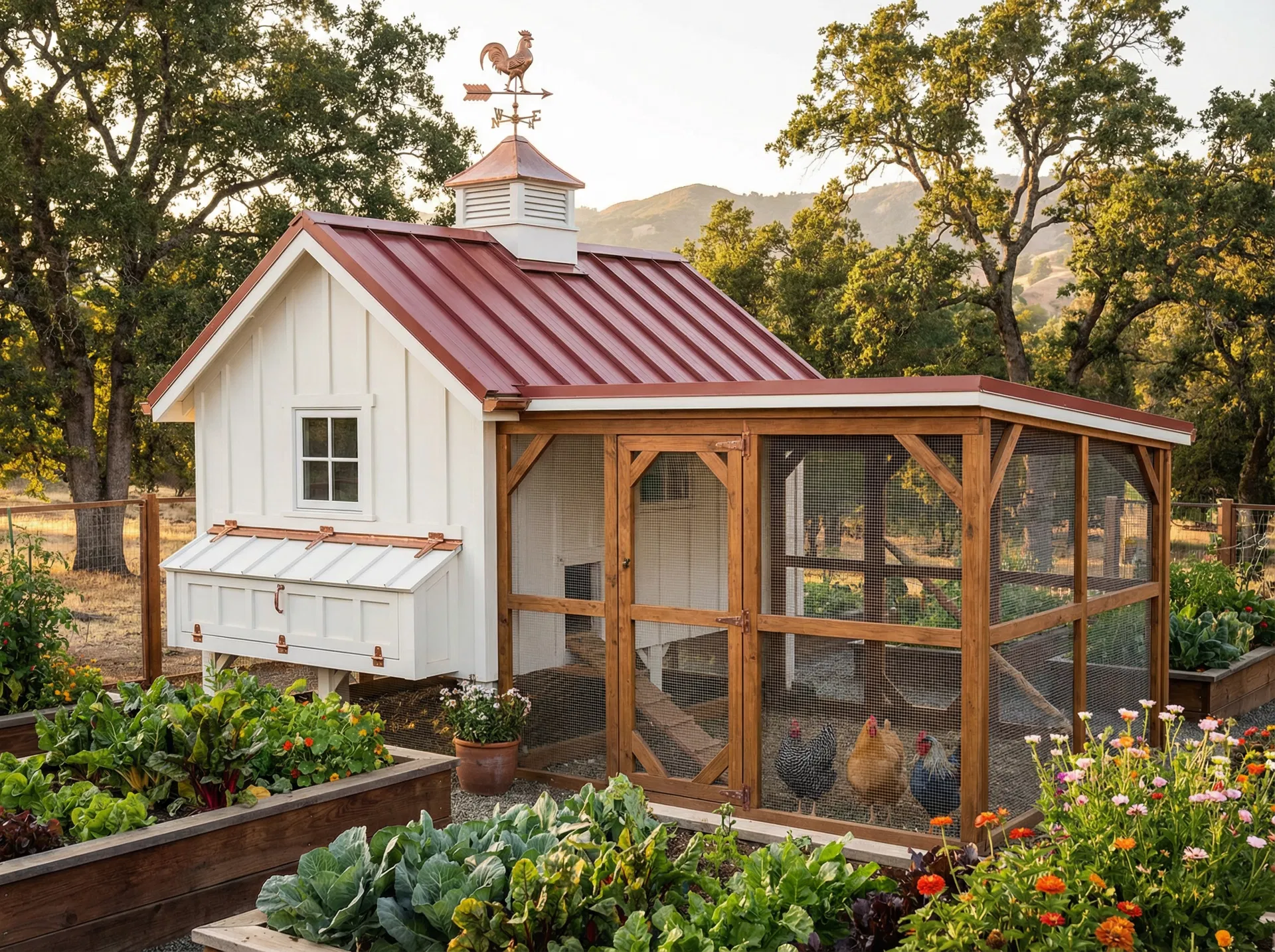 Exterior — craftsman coop with copper weathervane, California hills