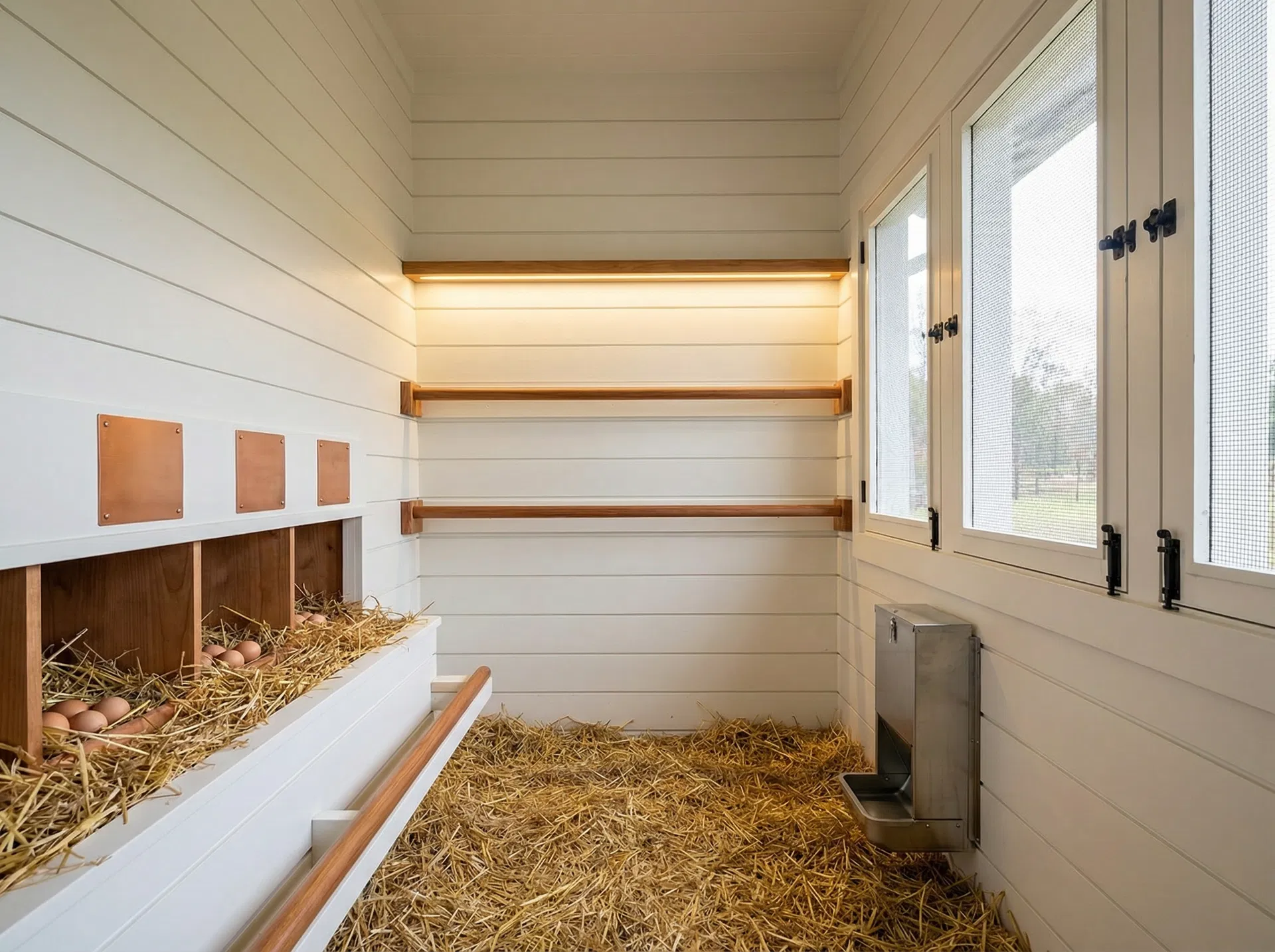 Interior — copper-labeled nesting boxes, roosting bars, LED lighting