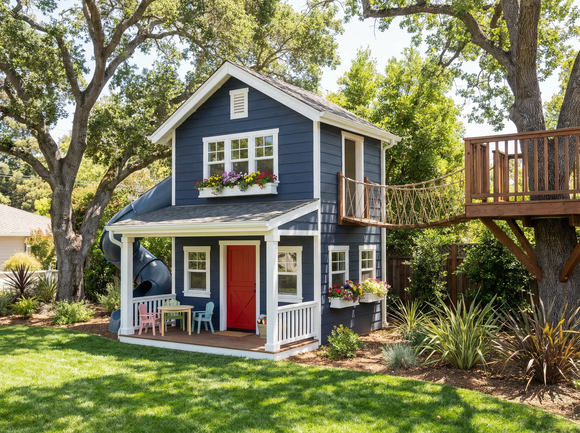 Exterior — two-story with slide, rope bridge, and covered porch