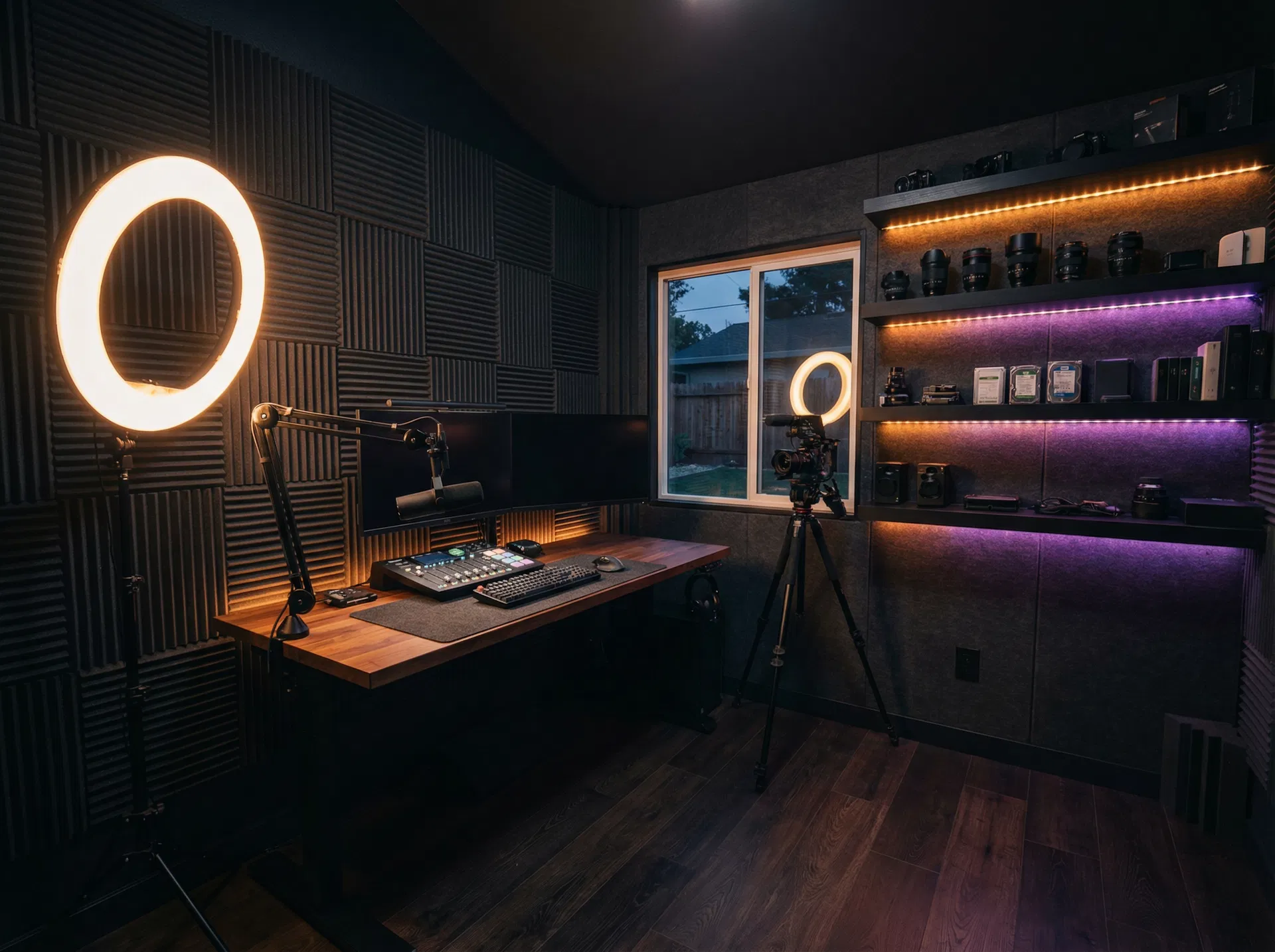 Interior — acoustic panels, ring light, podcast desk, camera setup