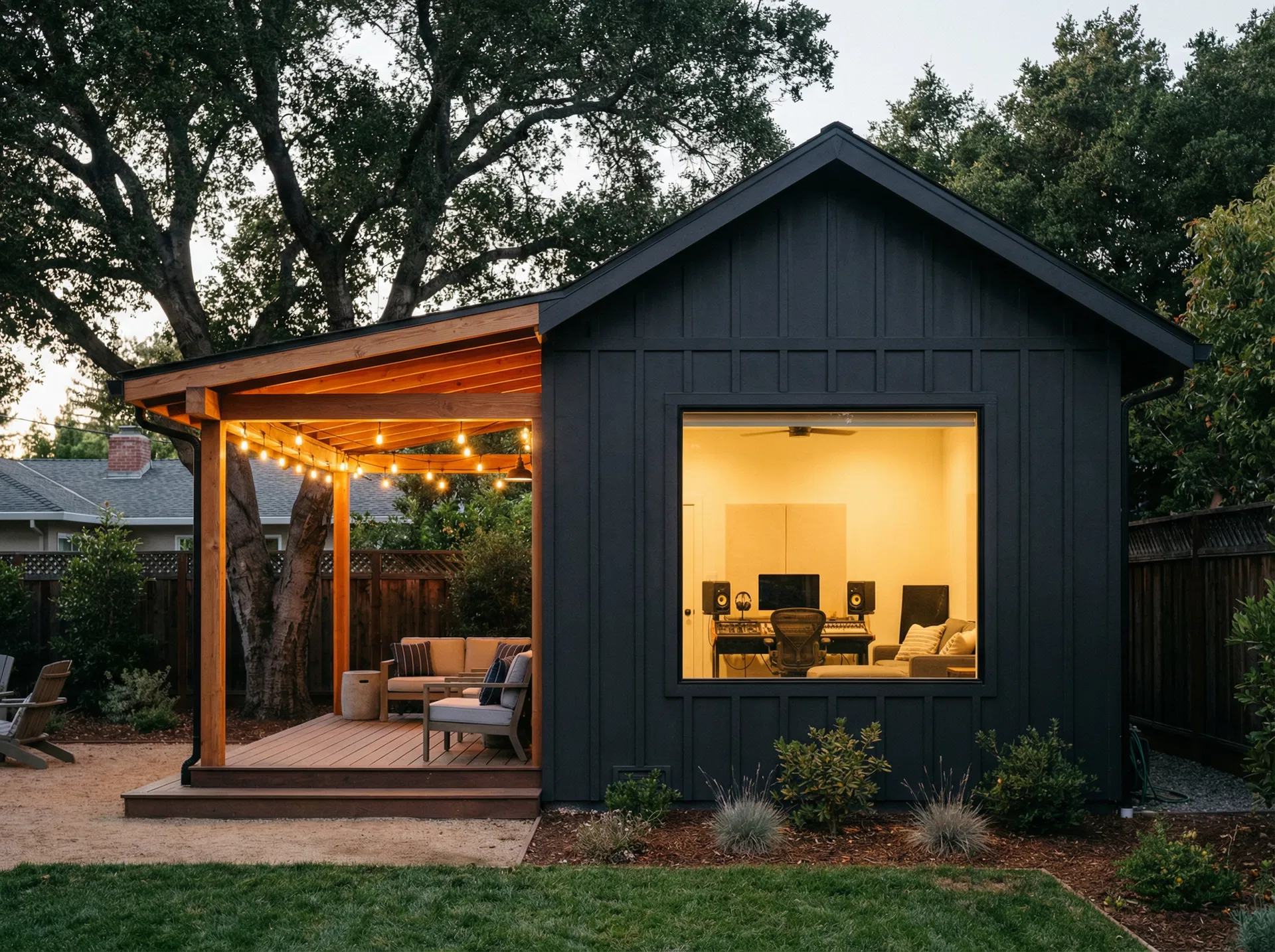 Exterior at dusk — charcoal board & batten, glowing picture window